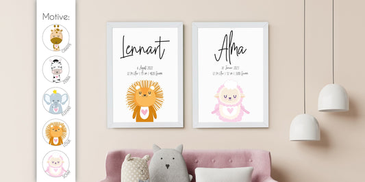 Unsere niedlichen Tiermotiv-Geburtsposter, Macht euch und euren Liebsten mit dieser Geburtsanzeige ein unvergessliches und besonderes Geschenk. , Copyright: 321geschenke.de