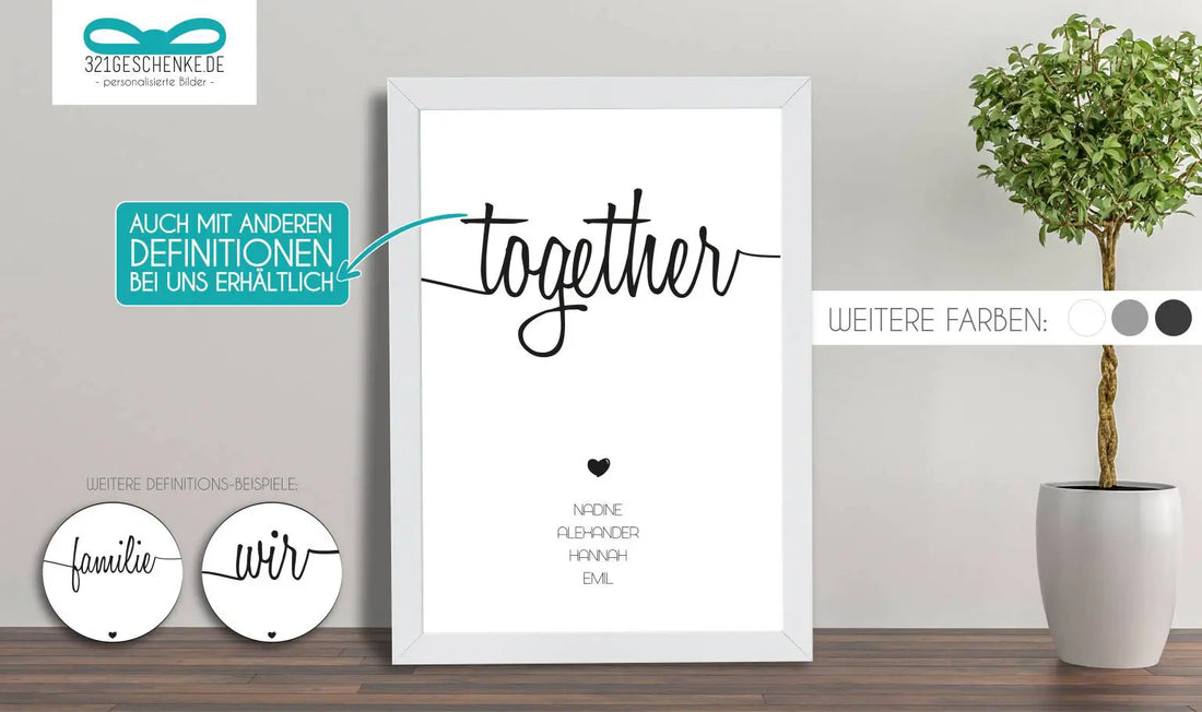 Das personalisierte Familienposter mit deiner Wunschwidmung, …always better togehter…Ein wunderschöner und schlichter Blickfang in jedem Zimmer. Mache dein individualisiertes Familienbild zu einem einzigartigen und unvergesslichem Poster., Copyright: 321g