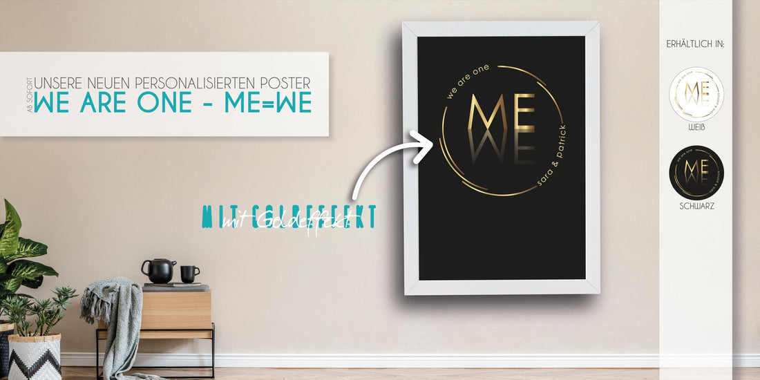 Das romantische und edle Liebes-Poster WE ARE ONE (ME=WE), <span>Gestalte in nur wenigen Schritten dein neues </span><em>personalisierte Poster</em>! Mit dem Gold-Look wirkt es edel und elegant!, Copyright: 321geschenke.de