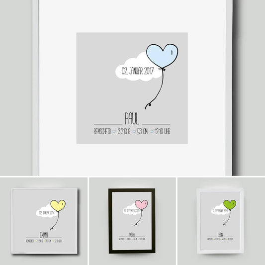 “Geburtsposter” Wolke mit farbigen Herzballon – Unsere neuen personalisierten Bilder zur Geburt
