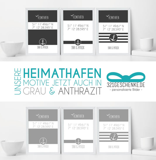 Ab sofort auch in GRAU und ANTHRAZIT – Unsere Koordinatenbilder „⚓HEIMATHAFEN“ mit Anker
