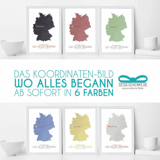 Unser “Landkarten-Poster” jetzt in 6 verschiedenen Farben, “Lasst uns das Leben bunt machen.”
Mit den sechs neuen Farbkombinationen überlassen wir euch die Auswahl: Was passt am besten in eurem großartigen Zuhause?, Copyright: 321geschenke.de