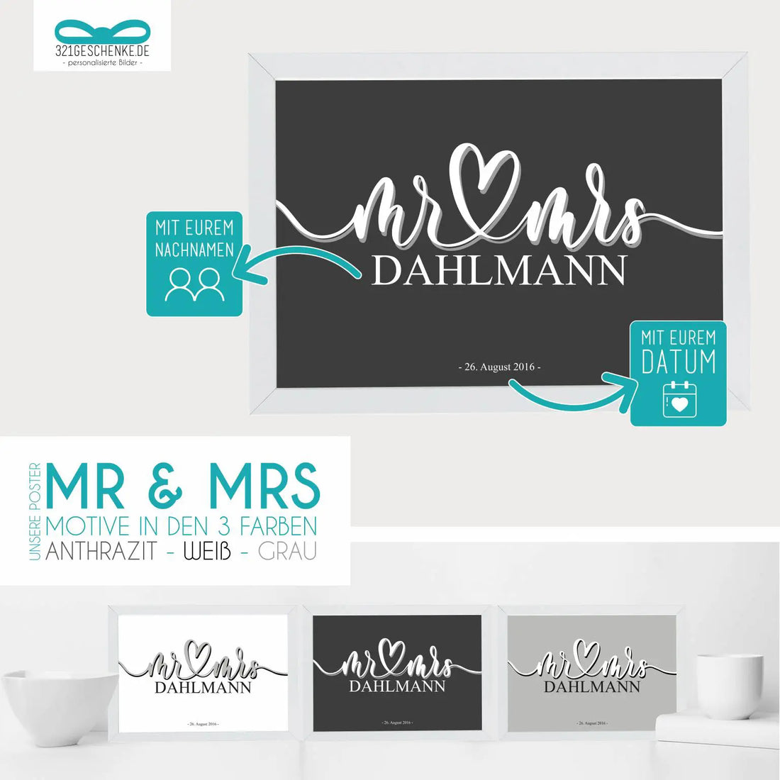 đ Poster âMr & Mrsâ mit eurem Nachnamen, Damit einer der gröĂten Tage in eurem Leben in ewiger Erinnerung bleibt, haben wir dieses Poster mit eurem Nachnamen fĂŒr euch mit viel Liebe gestaltet. Schafft euch eine persönliche und individuelle AtmosphĂ€re , C