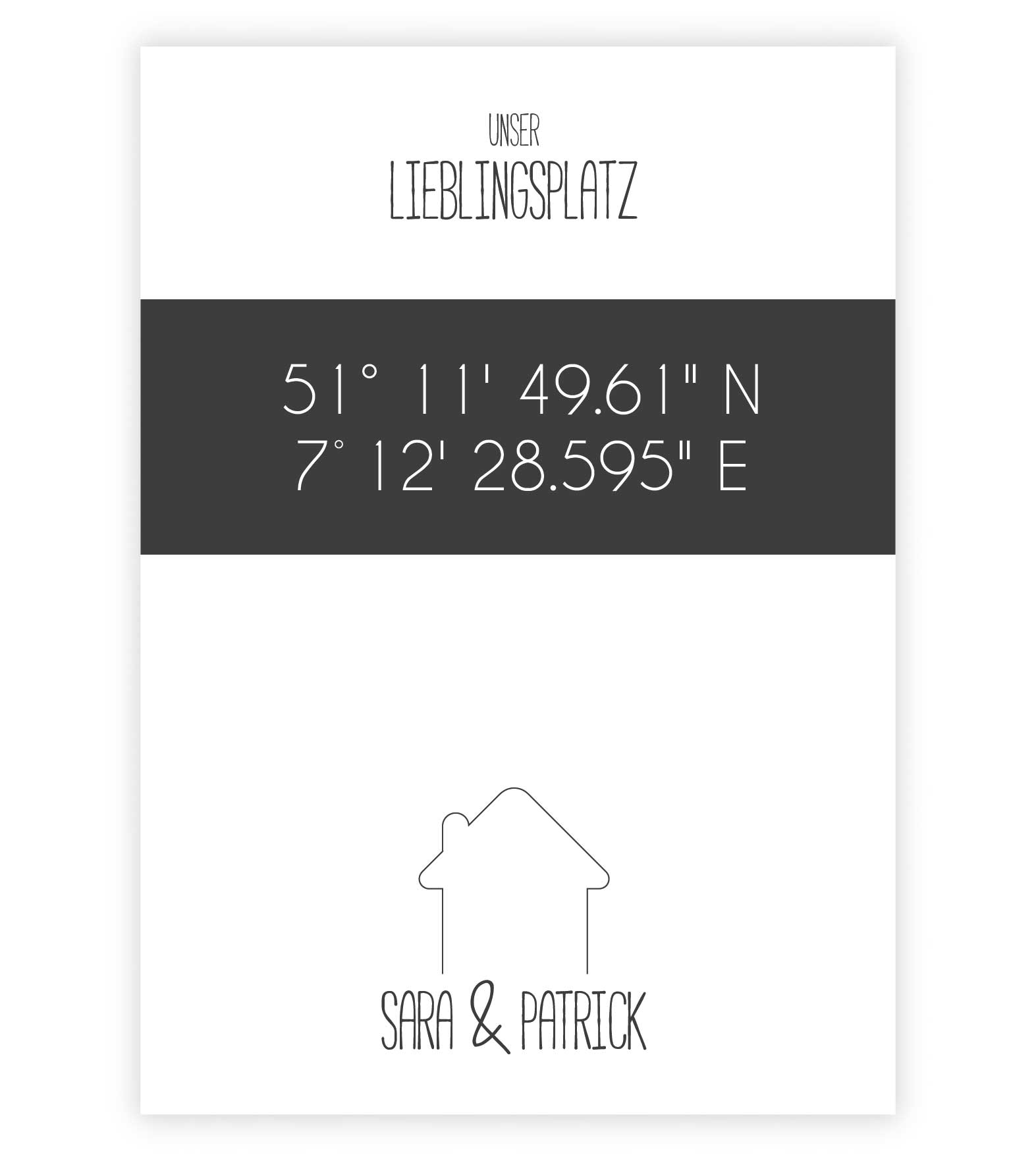 Personalisiertes Koordinaten Bild "Lieblingsort" - Haus, Bildfarbe: Anthrazit/Schwarz, Bildgröße: 13x18cm, DIN A4, DIN A3, Bilderrahmen: Ohne Bilderrahmen, Copyright: 321geschenke.de