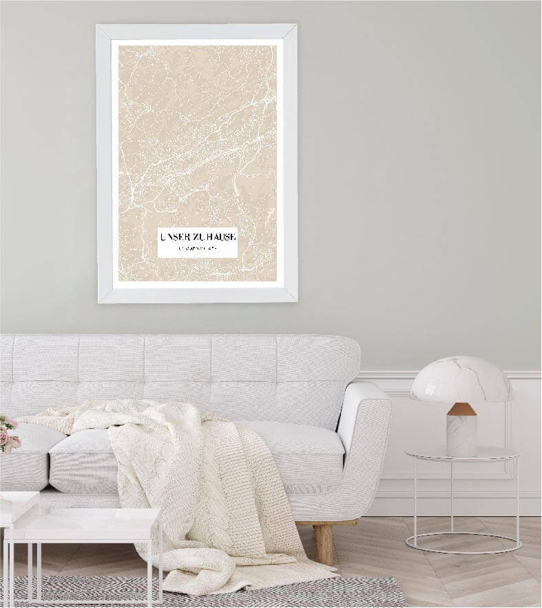 Anwendungsbild_Personalisiertes Koordinaten Bild "City Map", Bildfarbe: Weiß, Grau, Rot, Blau, Beige, Anthrazit/Schwarz, Bildgröße: 13x18cm, DIN A4, DIN A3, Bilderrahmen: Ohne Bilderrahmen, Bilderrahmen weiß, Bilderrahmen schwarz, Bilderrahmen weiß mit Pa