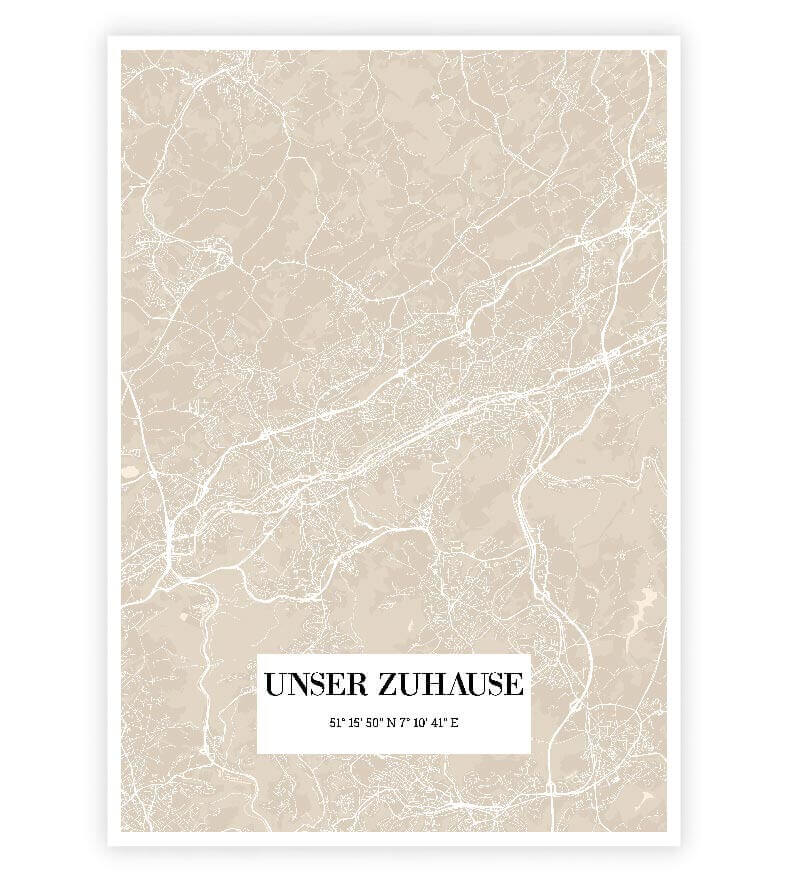 Personalisiertes Koordinaten Bild "City Map", Bildfarbe: Beige, Bildgröße: 13x18cm, DIN A4, DIN A3, Bilderrahmen: Ohne Bilderrahmen, Copyright: 321geschenke.de