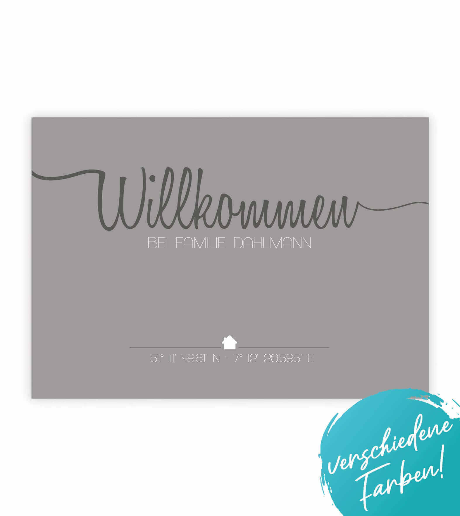 Personalisiertes Bild "WILLKOMMEN", Bildfarbe: Weiß, Grau, Anthrazit/Schwarz, Bildgröße: 13x18cm, DIN A4, DIN A3, Bilderrahmen: Ohne Bilderrahmen, Bilderrahmen weiß, Bilderrahmen schwarz, Bilderrahmen weiß mit Passepartout, Bilderrahmen schwarz mit Passep