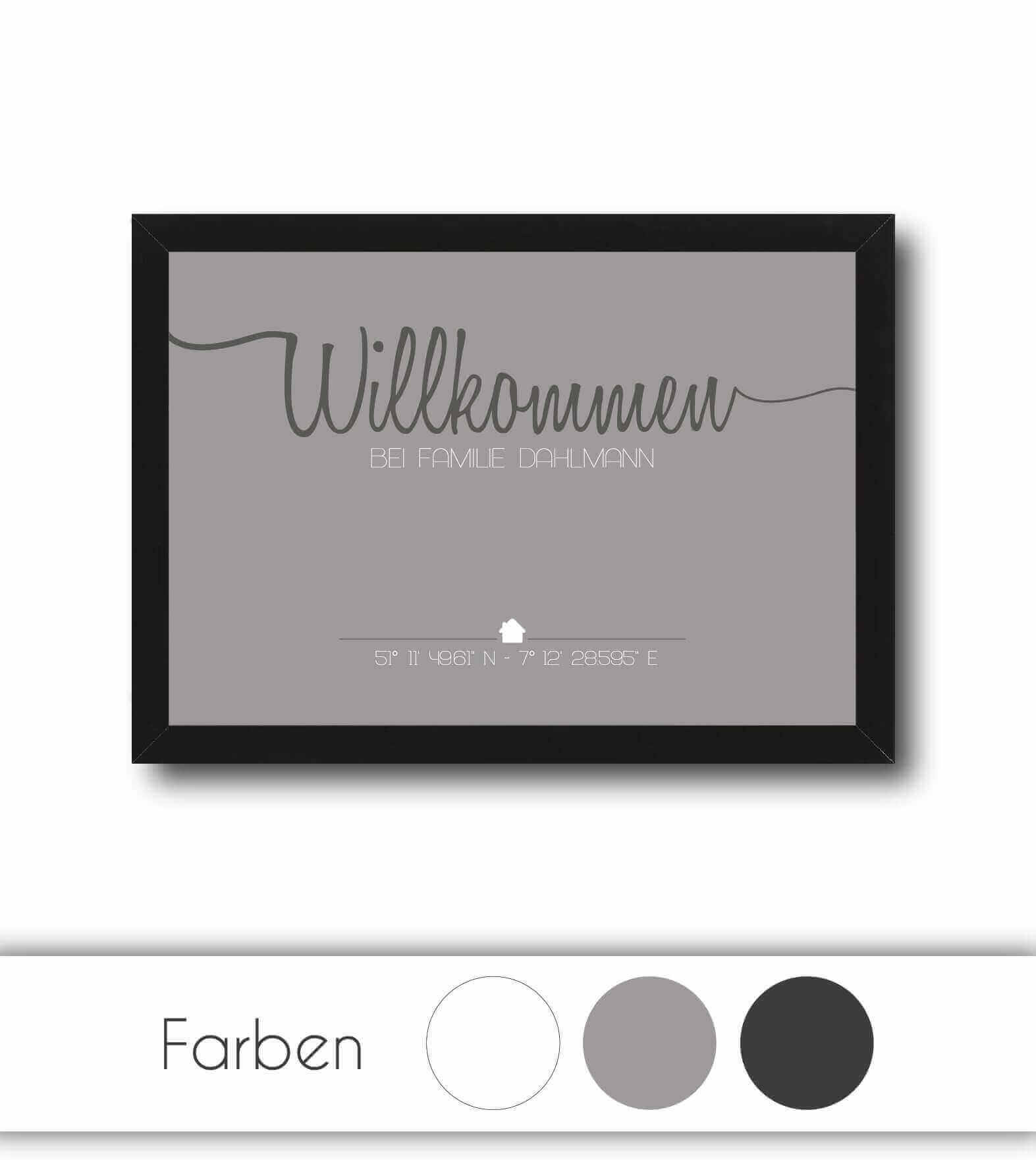 Personalisiertes Bild "WILLKOMMEN", Bildfarbe: Weiß, Grau, Anthrazit/Schwarz, Bildgröße: 13x18cm, DIN A4, DIN A3, Bilderrahmen: Ohne Bilderrahmen, Bilderrahmen weiß, Bilderrahmen schwarz, Bilderrahmen weiß mit Passepartout, Bilderrahmen schwarz mit Passep