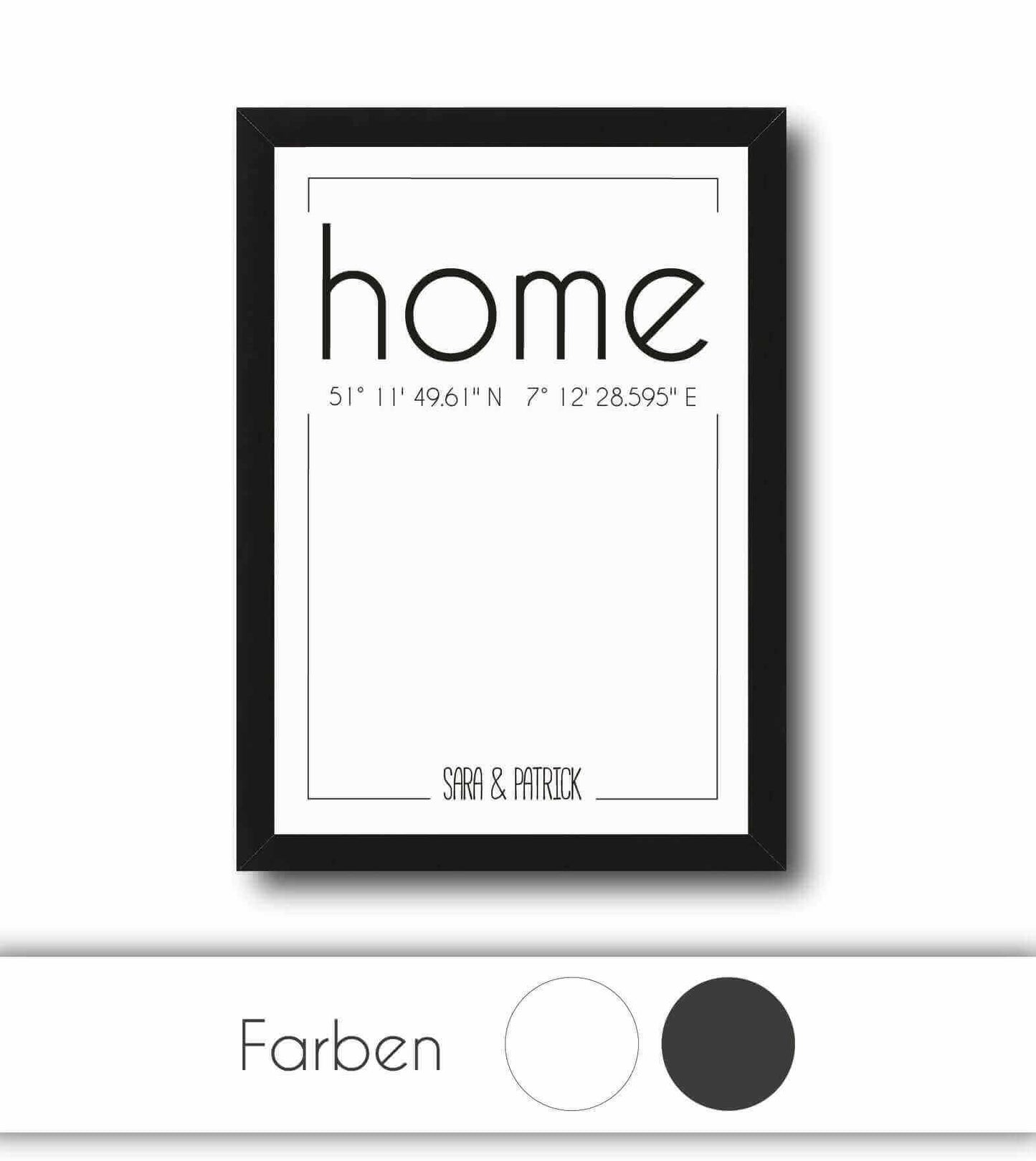 Personalisiertes Koordinaten Bild "HOME", "FAMILIE", "LEBEN" oder "ZUHAUSE", Bildfarbe; Weiß, Anthrazit/Schwarz, Bildgröße: 13x18cm, DIN A4, DIN A3, Bilderrahmen: Ohne Bilderrahmen, Bilderrahmen weiß, Bilderrahmen schwarz, Bilderrahmen weiß mit Passeparto