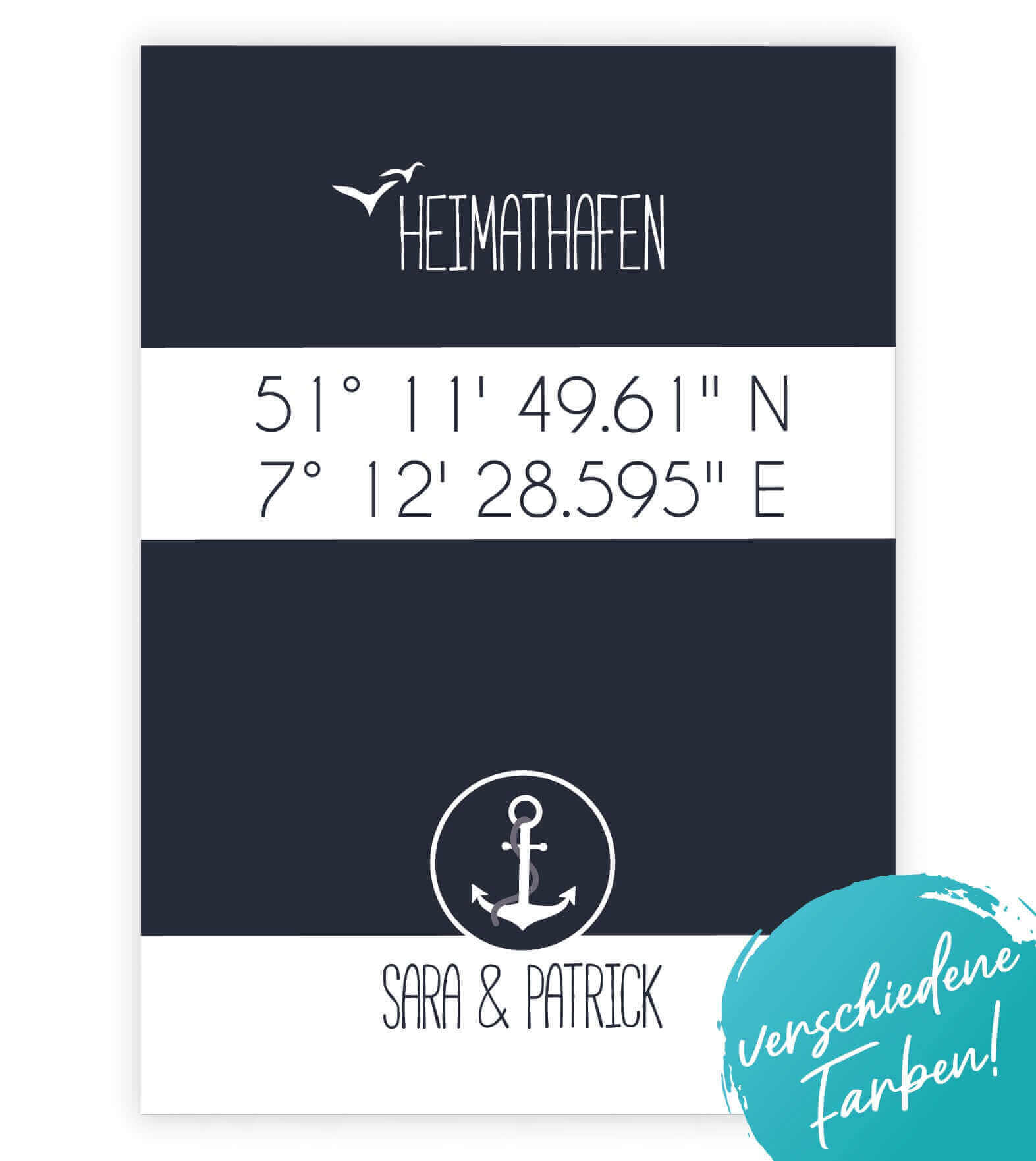 Personalisiertes Koordinaten Bild "HEIMATHAFEN" mit Anker, Bildfarbe: Blau, Grau, Anthrazit/Schwarz, Bildgröße: 13x18cm, DIN A4, DIN A3, Bilderrahmen: Ohne Bilderrahmen, Bilderrahmen weiß, Bilderrahmen schwarz, Bilderrahmen weiß mit Passepartout, Bilderra