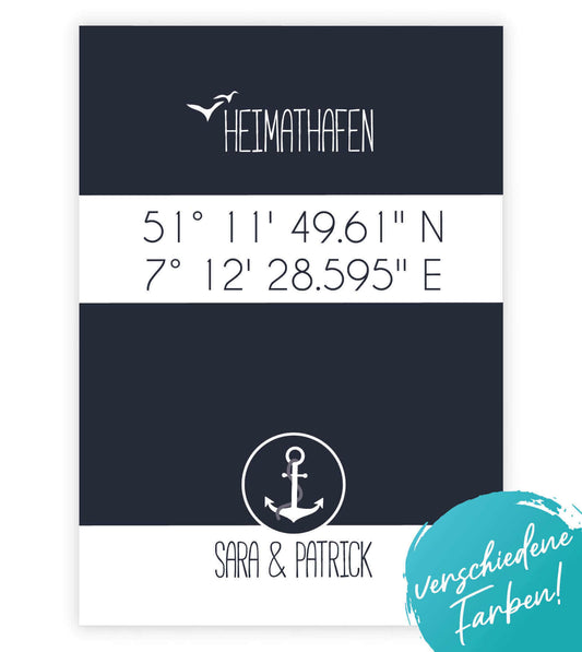 Personalisiertes Koordinaten Bild "HEIMATHAFEN" mit Anker, Bildfarbe: Blau, Grau, Anthrazit/Schwarz, Bildgröße: 13x18cm, DIN A4, DIN A3, Bilderrahmen: Ohne Bilderrahmen, Bilderrahmen weiß, Bilderrahmen schwarz, Bilderrahmen weiß mit Passepartout, Bilderra