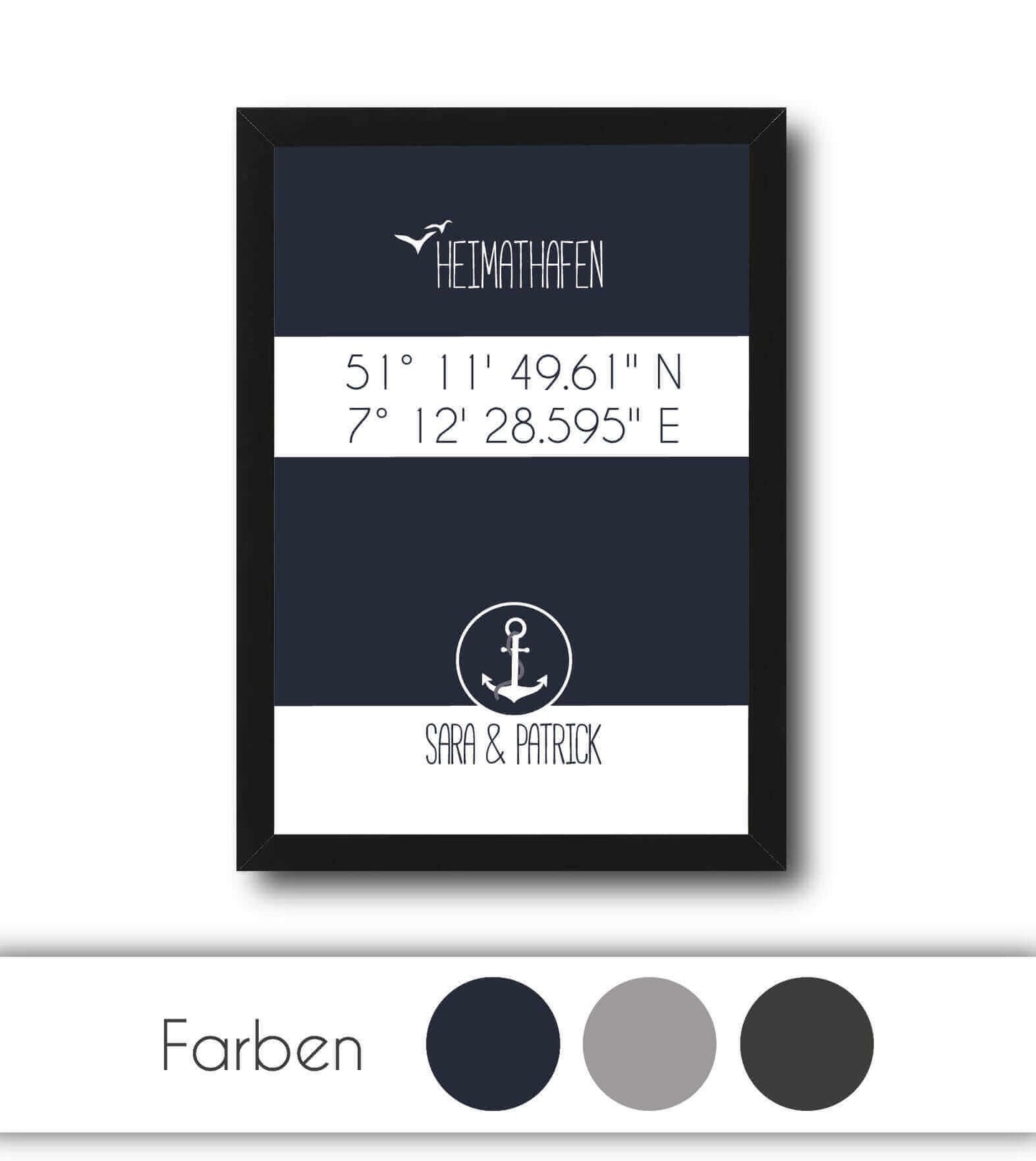 Personalisiertes Koordinaten Bild "HEIMATHAFEN" mit Anker, Bildfarbe: Blau, Grau, Anthrazit/Schwarz, Bildgröße: 13x18cm, DIN A4, DIN A3, Bilderrahmen: Ohne Bilderrahmen, Bilderrahmen weiß, Bilderrahmen schwarz, Bilderrahmen weiß mit Passepartout, Bilderra