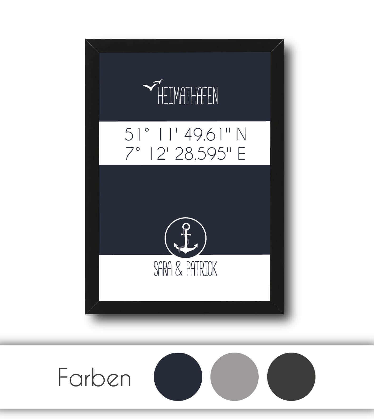 Personalisiertes Koordinaten Bild "HEIMATHAFEN" mit Anker, Bildfarbe: Blau, Grau, Anthrazit/Schwarz, Bildgröße: 13x18cm, DIN A4, DIN A3, Bilderrahmen: Ohne Bilderrahmen, Bilderrahmen weiß, Bilderrahmen schwarz, Bilderrahmen weiß mit Passepartout, Bilderra