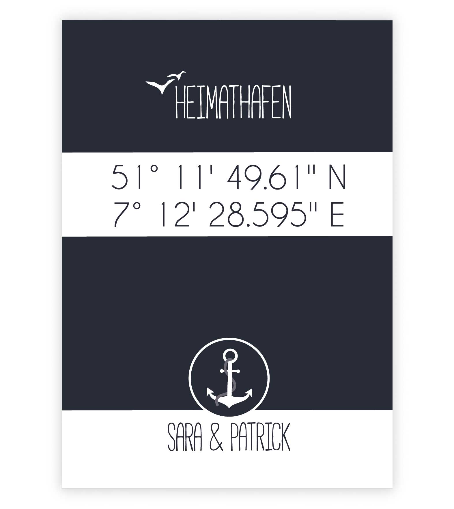 Personalisiertes Koordinaten Bild "HEIMATHAFEN" mit Anker, Bildfarbe: Blau, Bildgröße: 13x18cm, DIN A4, DIN A3, Bilderrahmen: Ohne Bilderrahmen, Copyright: 321geschenke.de