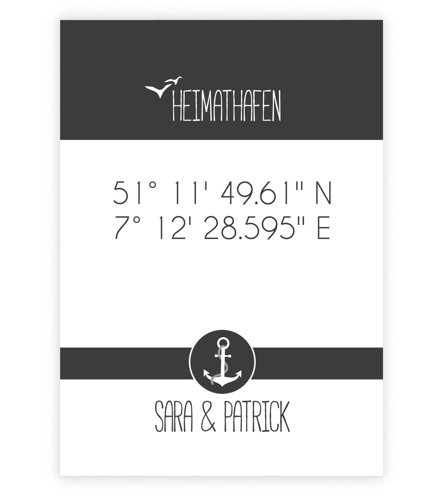 Personalisiertes Koordinaten Bild "HEIMATHAFEN" mit Anker, Bildfarbe: Anthrazit/Schwarz, Bildgröße: 13x18cm, DIN A4, DIN A3, Bilderrahmen: Ohne Bilderrahmen, Copyright: 321geschenke.de
