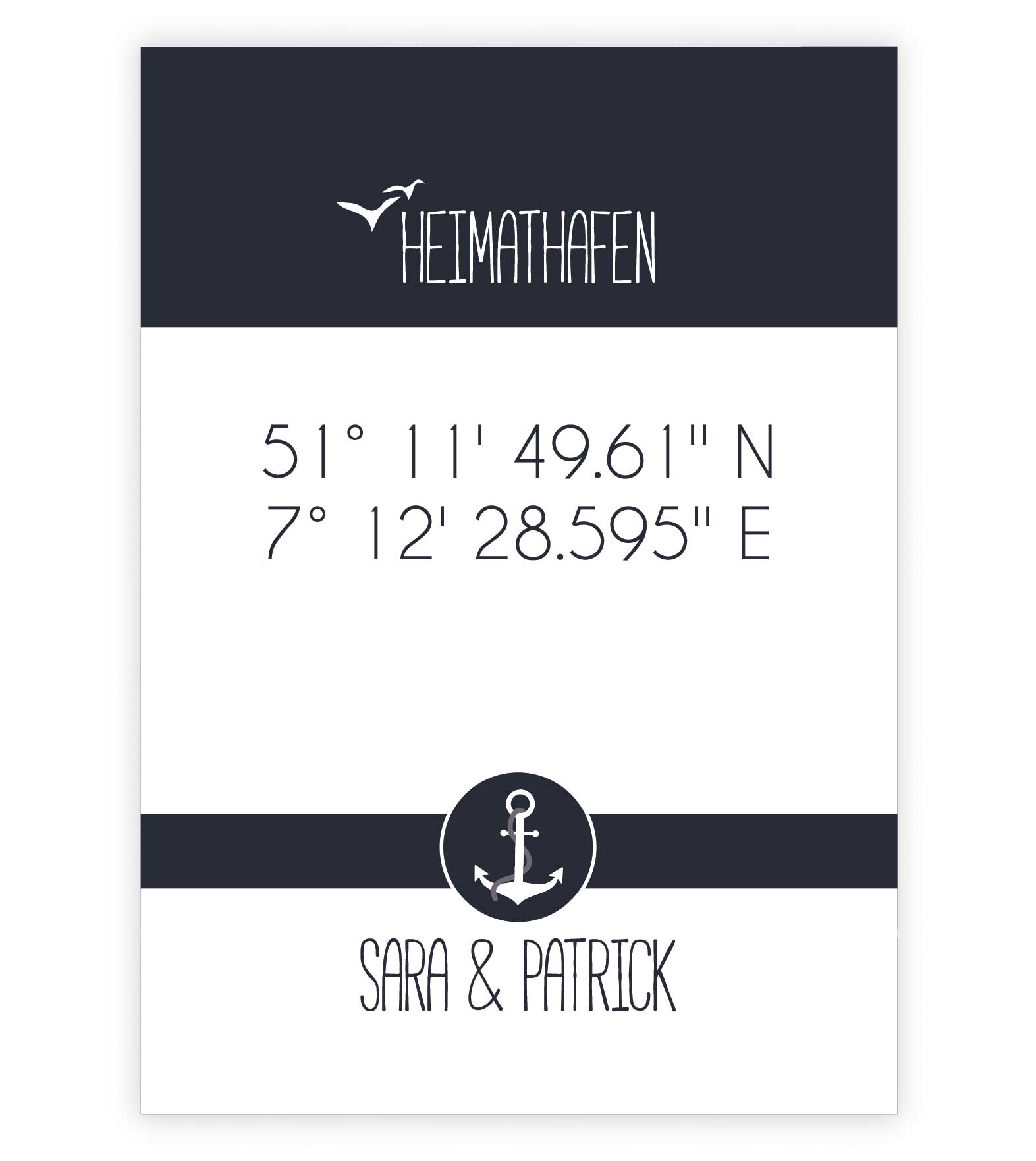 Personalisiertes Koordinaten Bild "HEIMATHAFEN" mit Anker, Bildfarbe: Blau, Bildgröße: 13x18cm, DIN A4, DIN A3, Bilderrahmen: Ohne Bilderrahmen, Copyright: 321geschenke.de