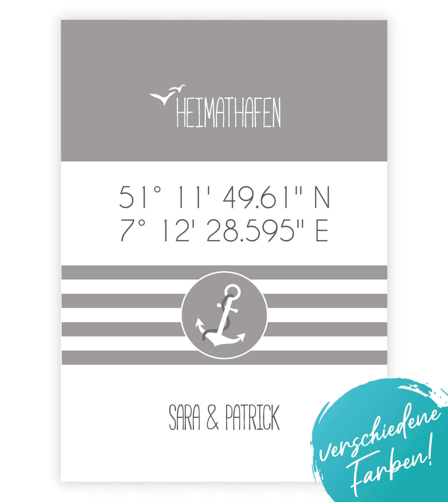 Personalisiertes Koordinaten Bild "HEIMATHAFEN" mit Anker gestreift, Bildfarbe: Grau, Anthrazit/Schwarz, Blau, Bildgröße: 13x18cm, DIN A4, DIN A3, Bilderrahmen: Ohne Bilderrahmen, Bilderrahmen weiß, Bilderrahmen schwarz, Bilderrahmen weiß mit Passepartout