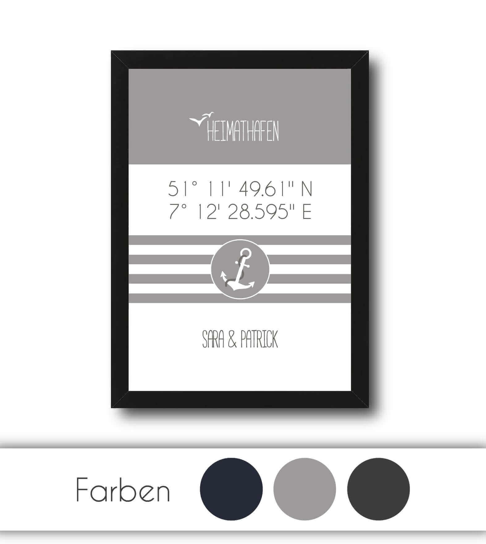 Personalisiertes Koordinaten Bild "HEIMATHAFEN" mit Anker gestreift, Bildfarbe: Grau, Anthrazit/Schwarz, Blau, Bildgröße: 13x18cm, DIN A4, DIN A3, Bilderrahmen: Ohne Bilderrahmen, Bilderrahmen weiß, Bilderrahmen schwarz, Bilderrahmen weiß mit Passepartout