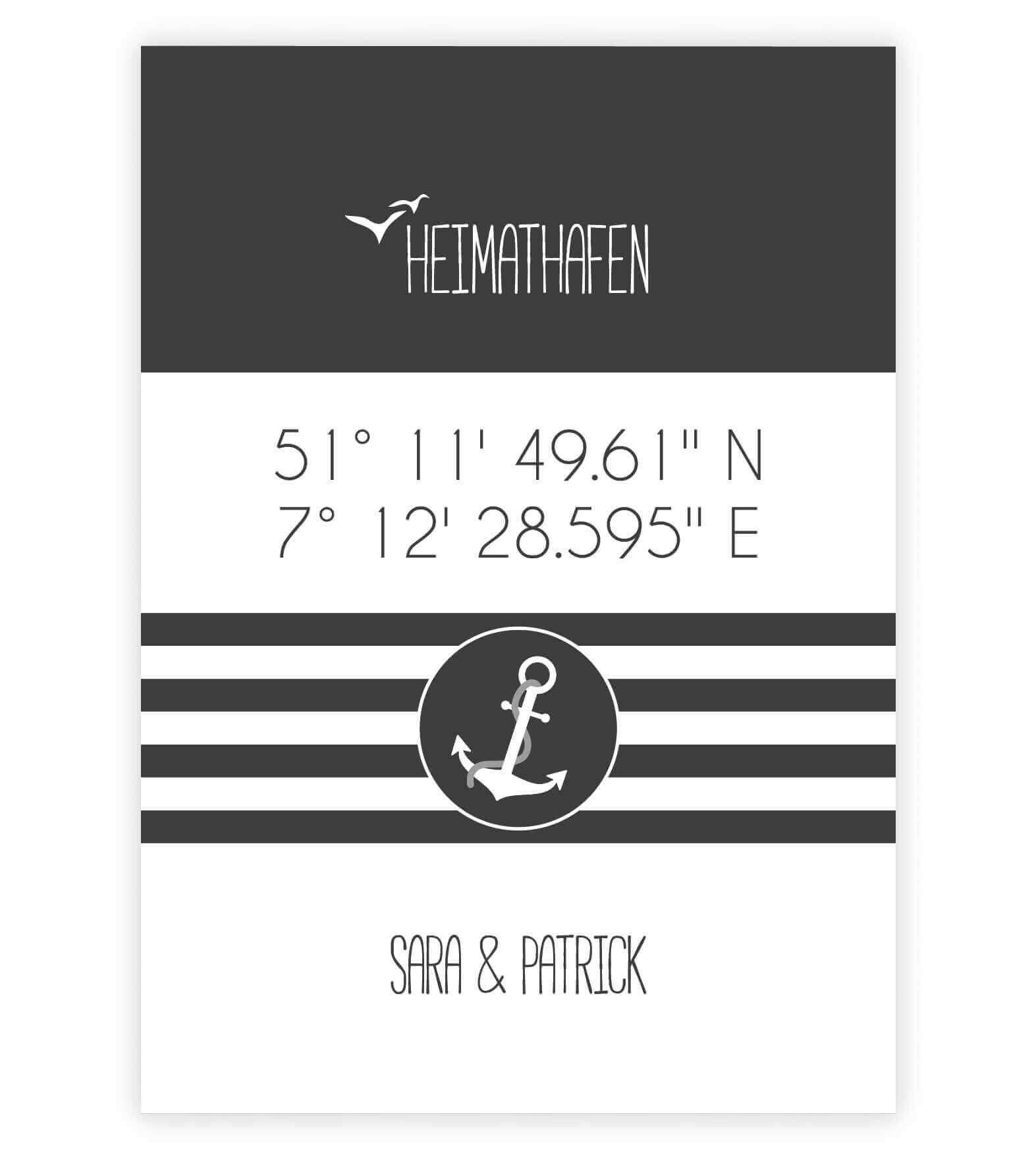 Personalisiertes Koordinaten Bild "HEIMATHAFEN" mit Anker gestreift, Bildfarbe: Anthrazit/Schwarz, Bildgröße: 13x18cm, DIN A4, DIN A3, Bilderrahmen: Ohne Bilderrahmen, Copyright: 321geschenke.de