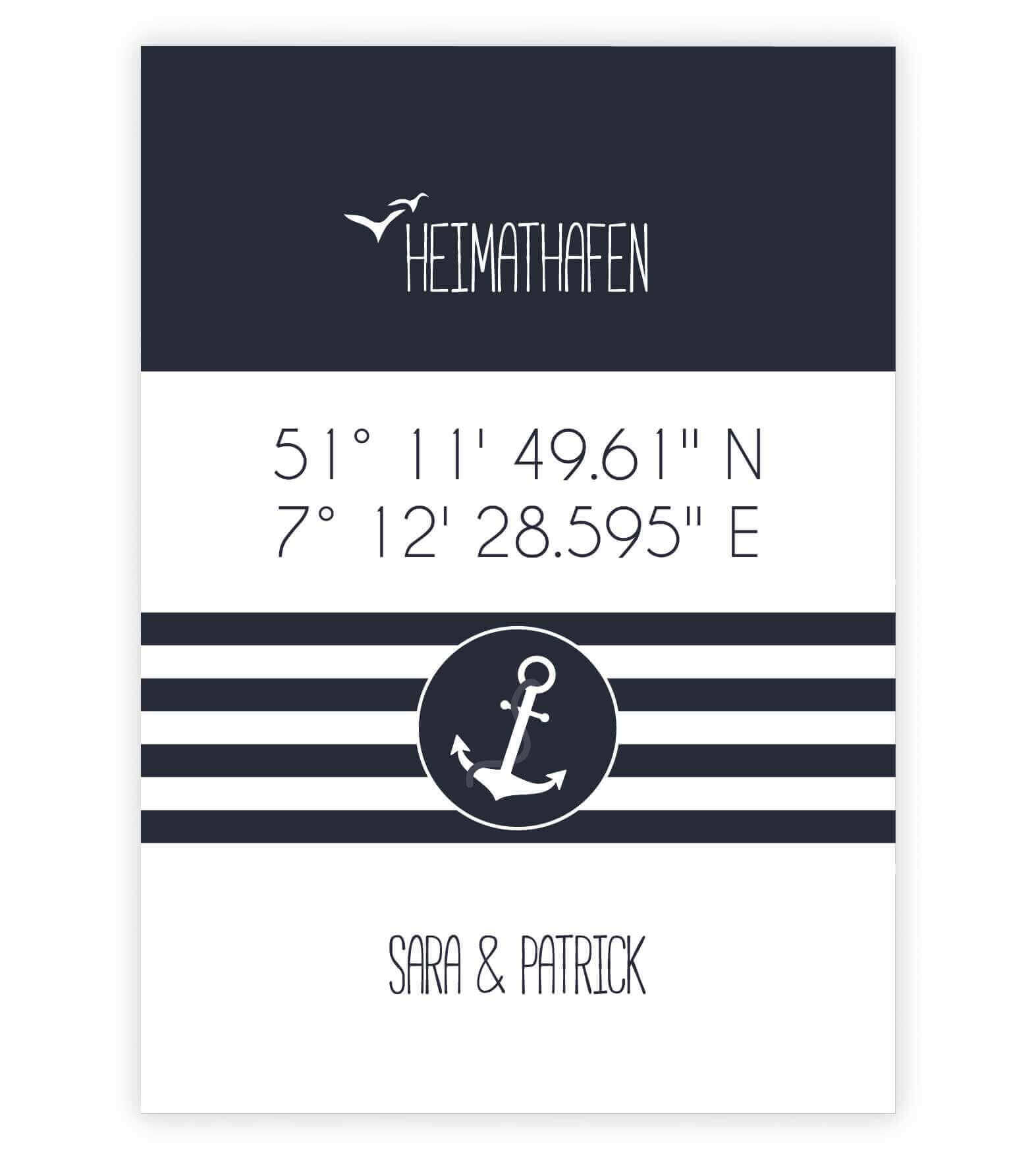 Personalisiertes Koordinaten Bild "HEIMATHAFEN" mit Anker gestreift, Bildfarbe: Blau, Bildgröße: 13x18cm, DIN A4, DIN A3, Bilderrahmen: Ohne Bilderrahmen, Copyright: 321geschenke.de