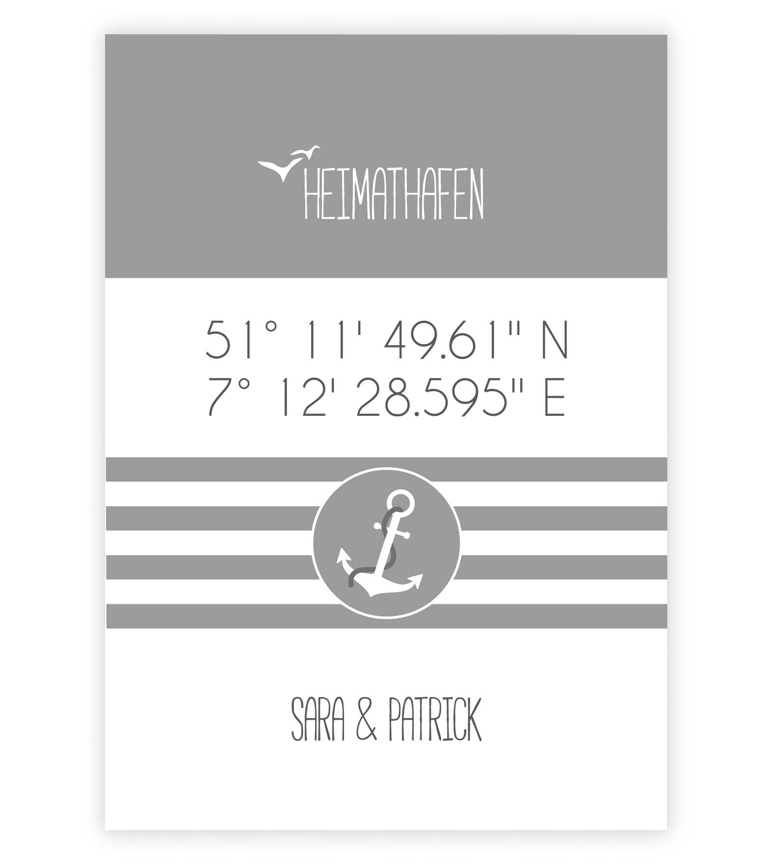 Personalisiertes Koordinaten Bild "HEIMATHAFEN" mit Anker gestreift, Bildfarbe: Grau, Bildgröße: 13x18cm, DIN A4, DIN A3, Bilderrahmen: Ohne Bilderrahmen, Copyright: 321geschenke.de