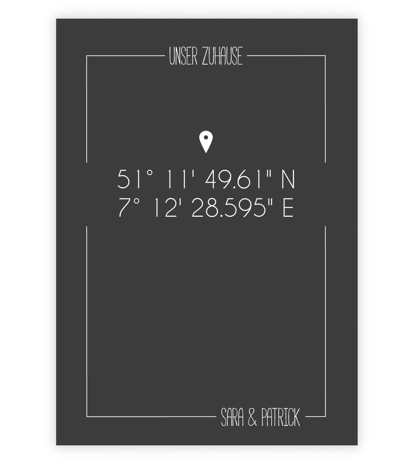 Personalisiertes Koordinaten Bild "UNSER ZUHAUSE", Bildfarbe: Anthrazit/Schwarz, Bildgröße: 13x18cm, DIN A4, DIN A3, Bilderrahmen: Ohne Bilderrahmen, Copyright: 321geschenke.de