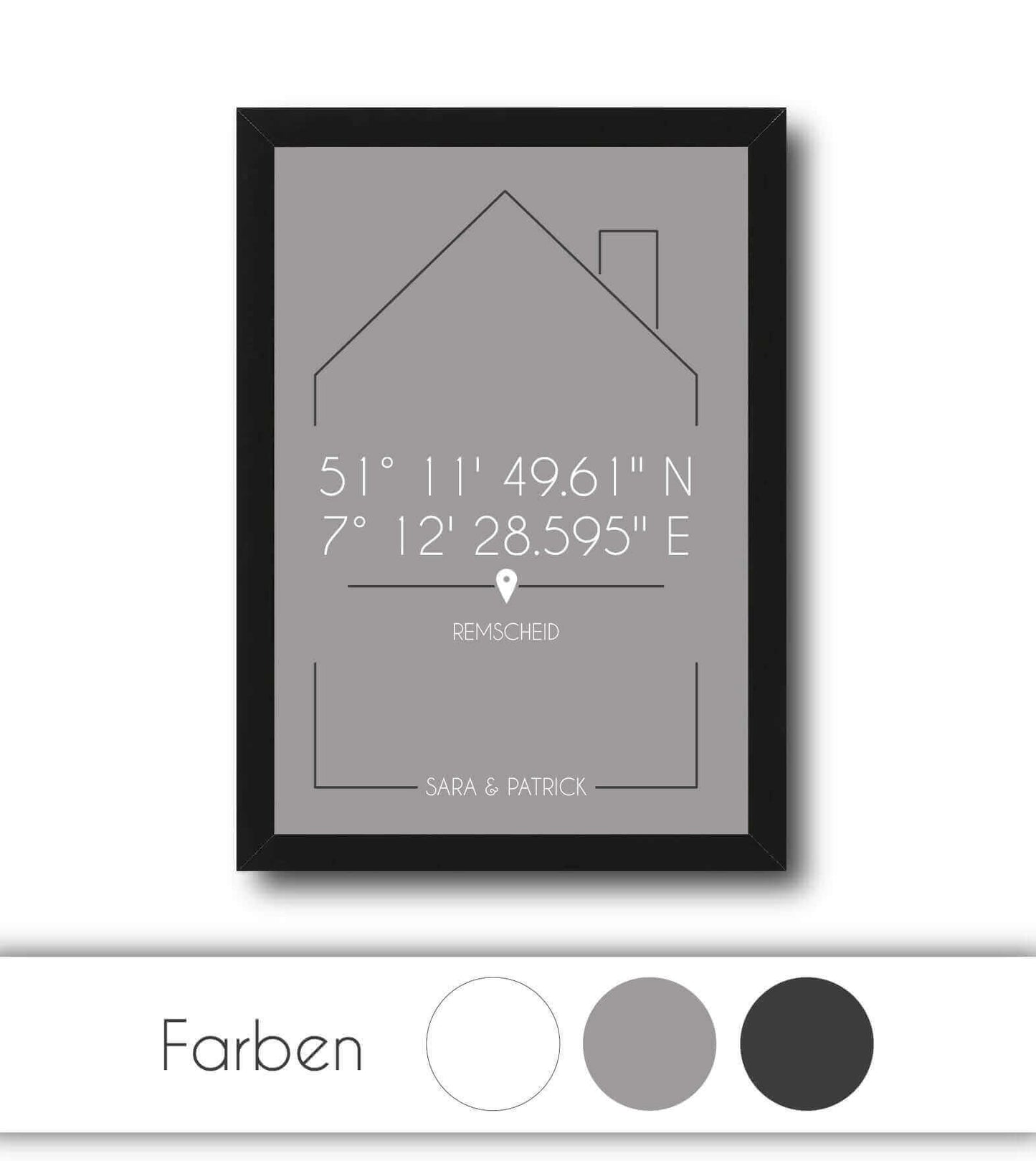 Personalisiertes Koordinatenbild "DAHEIM", Bildfarbe: Weiß, Grau, Anthrazit/Schwarz, Bildgröße: 13x18cm, DIN A4, DIN A3, Bilderrahmen: Ohne Bilderrahmen, Bilderrahmen weiß, Bilderrahmen schwarz, Bilderrahmen weiß mit Passepartout, Bilderrahmen schwarz mit