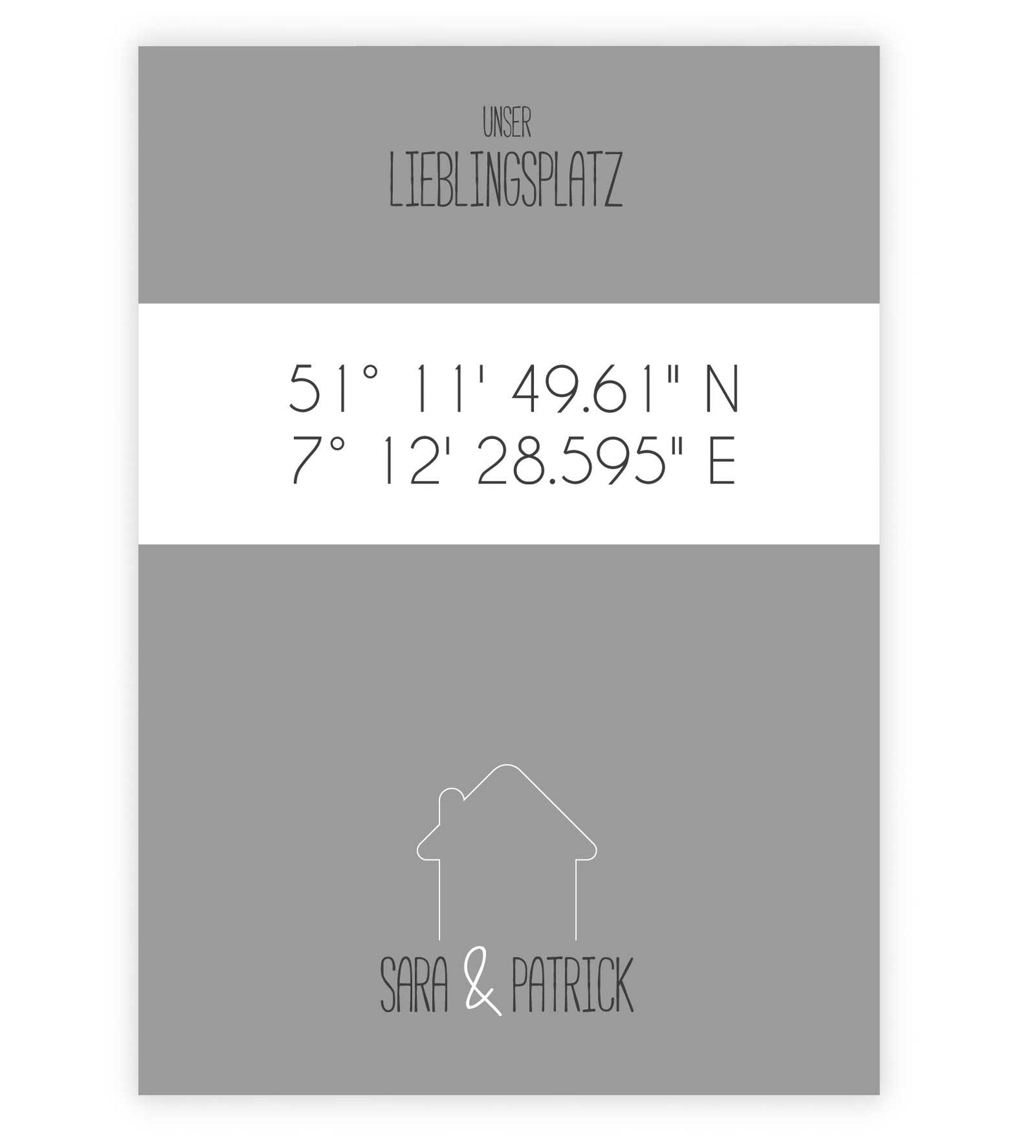 Personalisiertes Koordinaten Bild "Lieblingsplatz" - Haus, Bildfarbe: Grau, Anthrazit/Schwarz, Bildgröße: 13x18cm, DIN A4, DIN A3, Bilderrahmen: Ohne Bilderrahmen, Copyright: 321geschenke.de