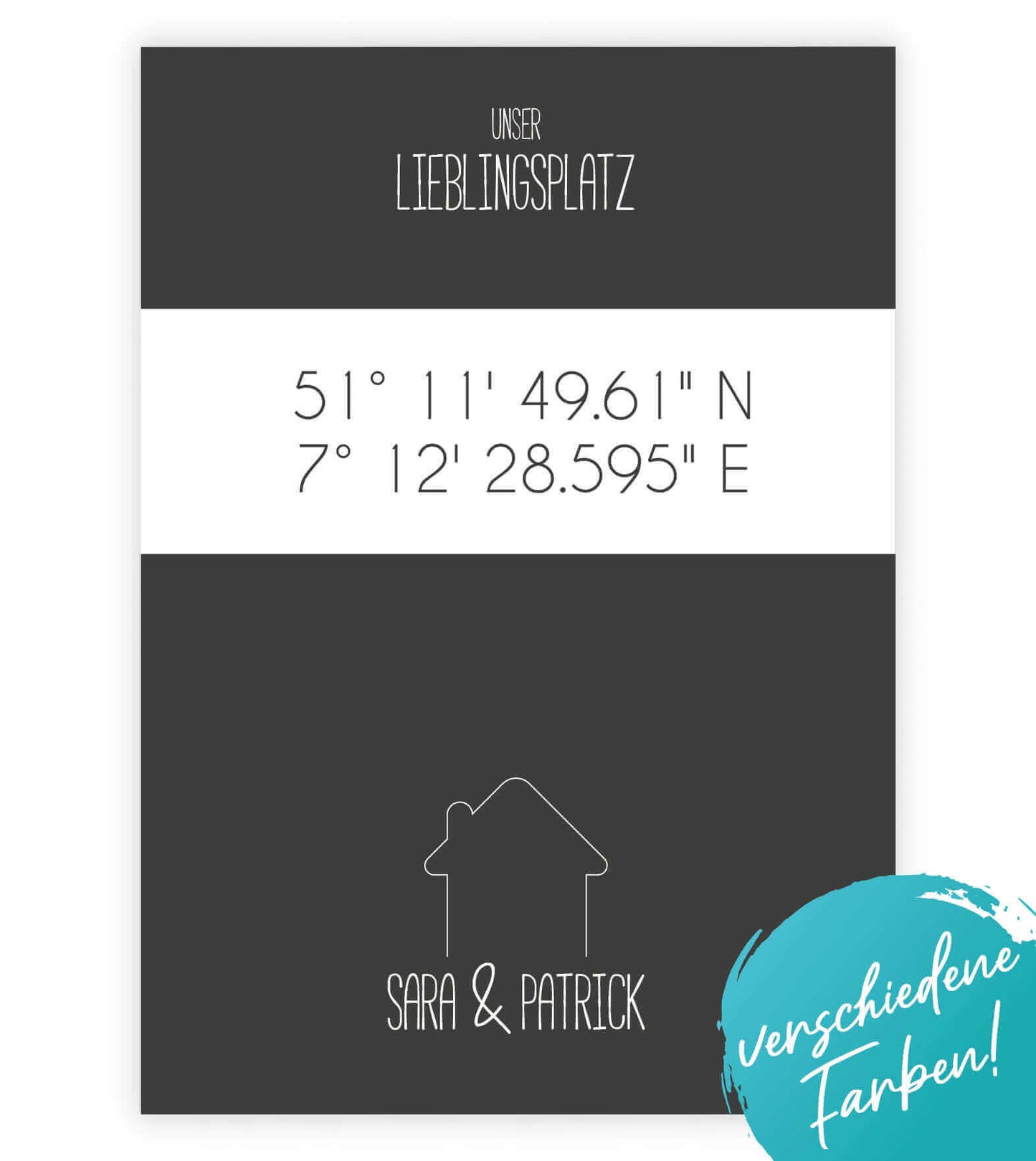 Personalisiertes Koordinaten Bild "Lieblingsplatz" - Haus, Bildfarbe: Grau, Anthrazit/Schwarz, Bildgröße: 13x18cm, DIN A4, DIN A3, Bilderrahmen: Ohne Bilderrahmen, Bilderrahmen weiß, Bilderrahmen schwarz, Bilderrahmen weiß mit Passepartout, Bilderrahmen s