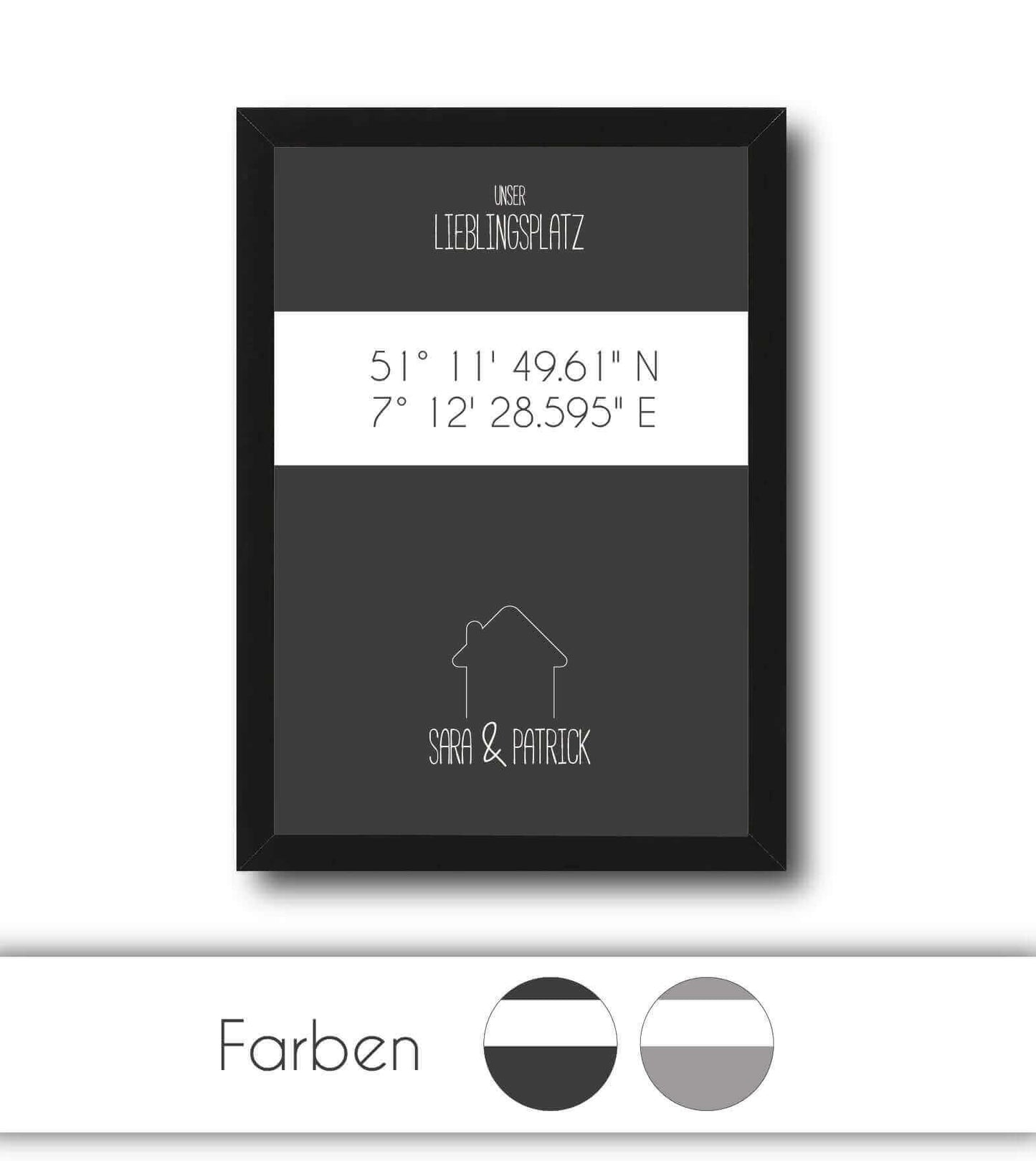 Personalisiertes Koordinaten Bild "Lieblingsplatz" - Haus, Bildfarbe: Grau, Anthrazit/Schwarz, Bildgröße: 13x18cm, DIN A4, DIN A3, Bilderrahmen: Ohne Bilderrahmen, Bilderrahmen weiß, Bilderrahmen schwarz, Bilderrahmen weiß mit Passepartout, Bilderrahmen s