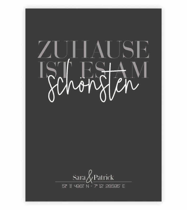 Personalisiertes Bild "ZUHAUSE IST ES AM SCHÖNSTEN", Bildfarbe: Anthrazit/Schwarz, Bildgröße: 13x18cm, DIN A4, DIN A3, Bilderrahmen: Ohne Bilderrahmen, Copyright: 321geschenke.de