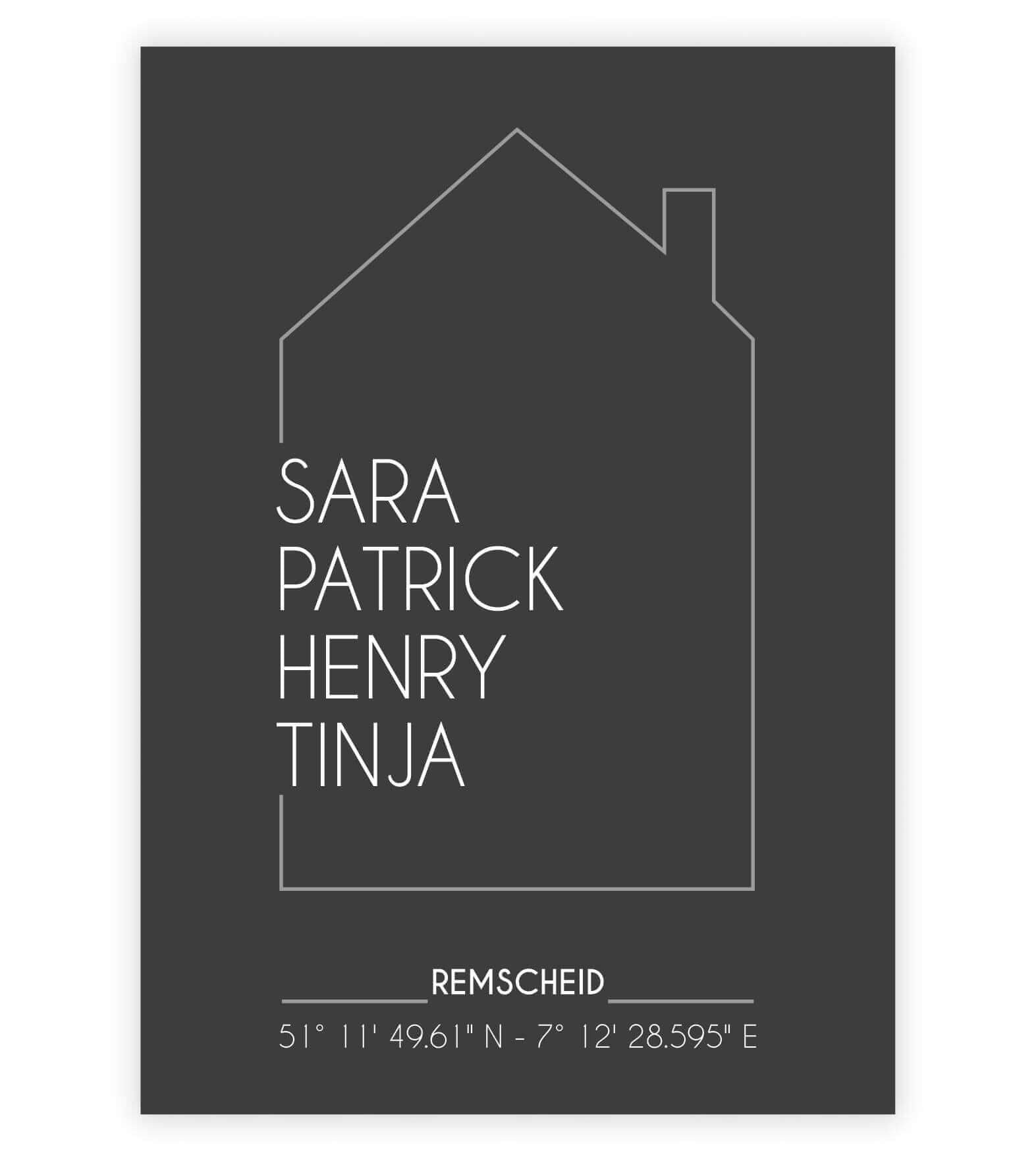 Personalisiertes Bild "UNSER HAUS", Bildfarbe: Anthrazit/Schwarz, Bildgröße: 13x18cm, DIN A4, DIN A3, Bilderrahmen: Ohne Bilderrahmen, Copyright: 321geschenke.de