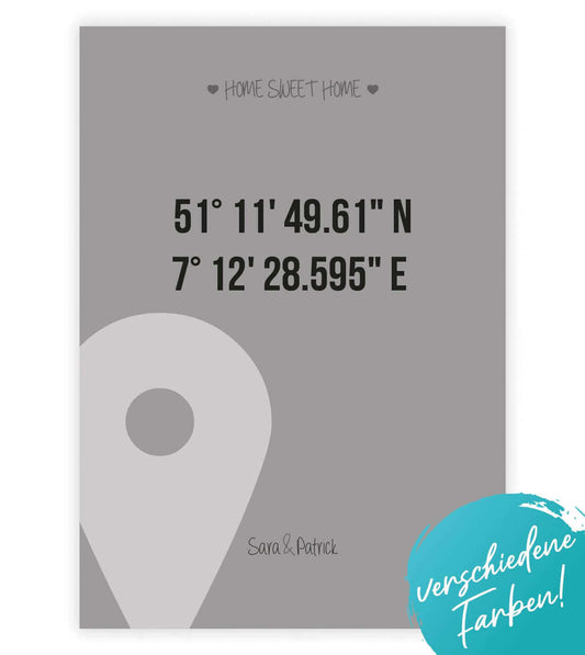 Personalisiertes Bild "HOME SWEET HOME" - GPS, Bildfarbe: Weiß, Grau, Anthrazit/Schwarz, Bildgröße: 13x18cm, DIN A4, DIN A3, Bilderrahmen: Ohne Bilderrahmen, Bilderrahmen weiß, Bilderrahmen schwarz, Bilderrahmen weiß mit Passepartout, Bilderrahmen schwarz