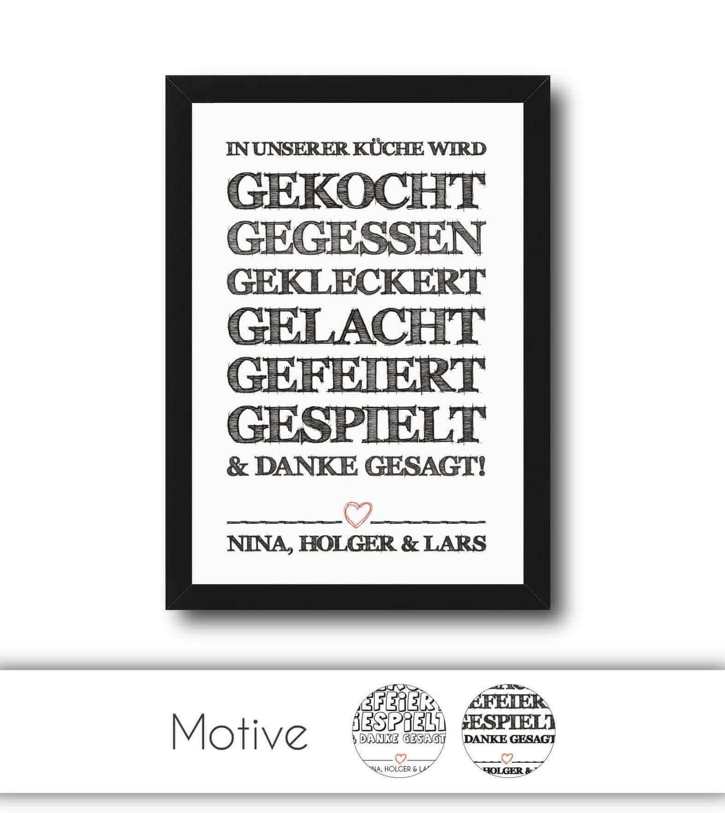 Personalisiertes Bild "In unserer Küche ….", Motiv: Variante 1, Variante 2, Bildgröße: 13x18cm, DIN A4, DIN A3, Bilderrahmen: Ohne Bilderrahmen, Bilderrahmen weiß, Bilderrahmen schwarz, Bilderrahmen weiß mit Passepartout, Bilderrahmen schwarz mit Passepar