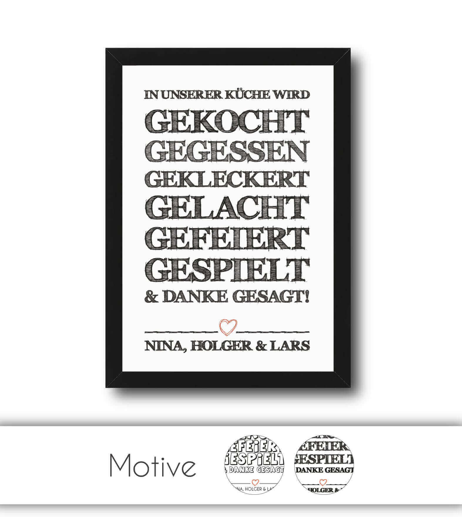 Personalisiertes Bild "In unserer Küche ….", Motiv: Variante 1, Variante 2, Bildgröße: 13x18cm, DIN A4, DIN A3, Bilderrahmen: Ohne Bilderrahmen, Bilderrahmen weiß, Bilderrahmen schwarz, Bilderrahmen weiß mit Passepartout, Bilderrahmen schwarz mit Passepar