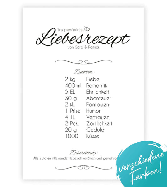 Personalisiertes Bild "Liebesrezept", Bildfarbe: Weiß, Grau, Anthrazit/Schwarz, Bildgröße: 13x18cm, DIN A4, DIN A3, Bilderrahmen: Ohne Bilderrahmen, Bilderrahmen weiß, Bilderrahmen schwarz, Bilderrahmen weiß mit Passepartout, Bilderrahmen schwarz mit Pass