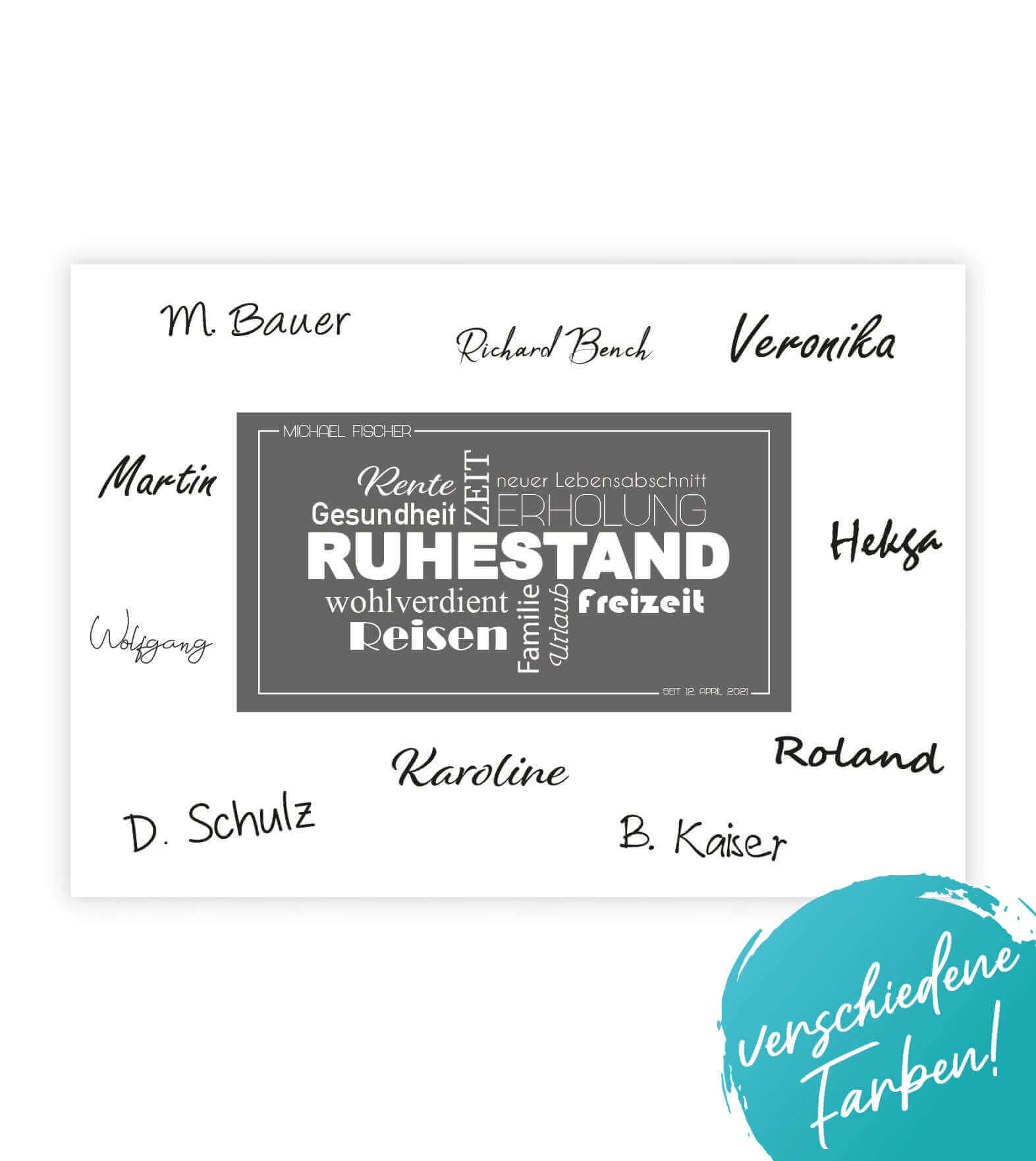 Personalisiertes Bild "Ruhestand Abschiedsgeschenk", Bildfarbe: Weiß, Grau, Anthrazit/Schwarz, Bildgröße: 13x18cm, DIN A4, DIN A3, Bilderrahmen: Ohne Bilderrahmen, Bilderrahmen weiß, Bilderrahmen schwarz, Bilderrahmen weiß mit Passepartout, Bilderrahmen s