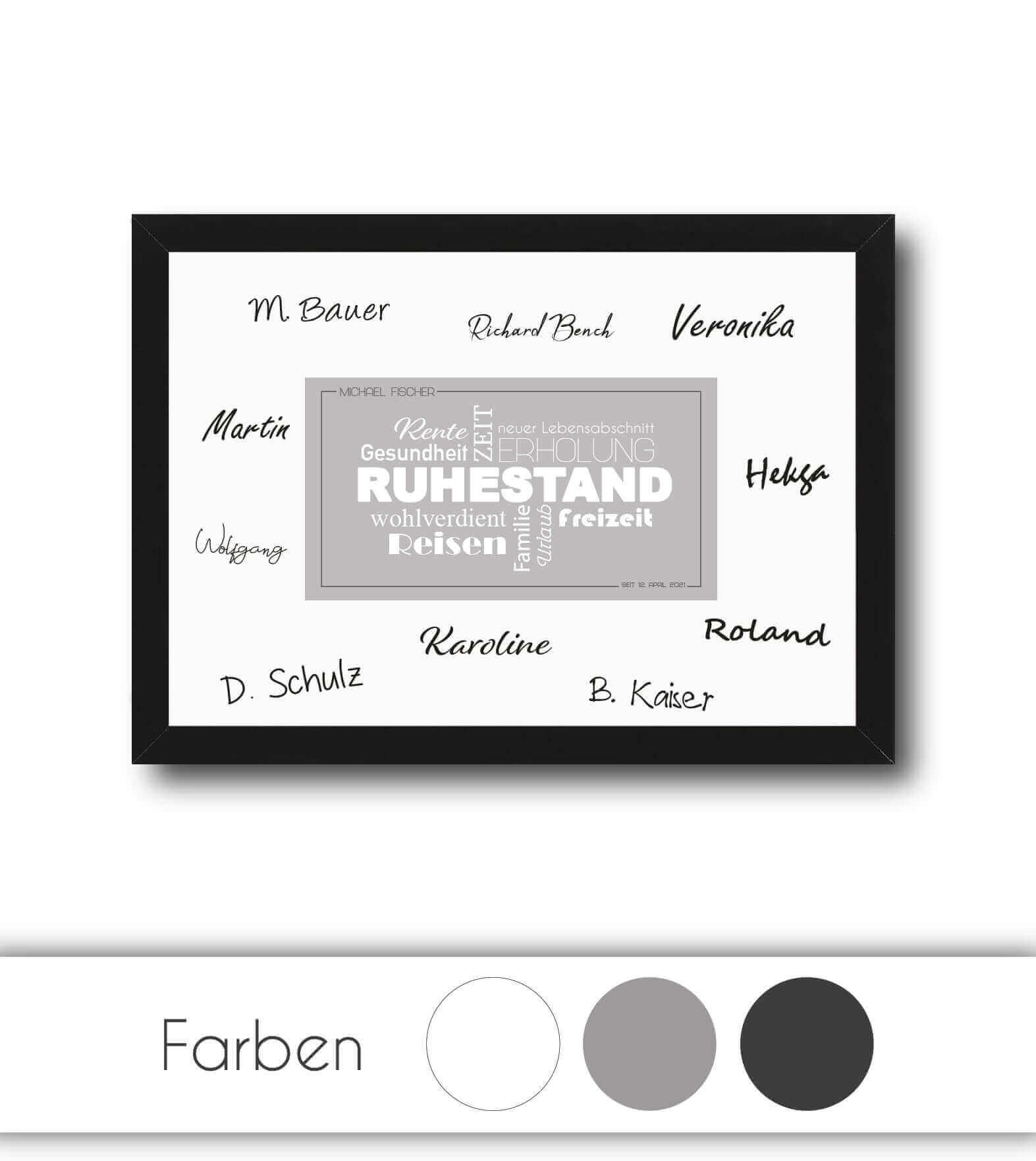 Personalisiertes Bild "Ruhestand Abschiedsgeschenk", Bildfarbe: Weiß, Grau, Anthrazit/Schwarz, Bildgröße: 13x18cm, DIN A4, DIN A3, Bilderrahmen: Ohne Bilderrahmen, Bilderrahmen weiß, Bilderrahmen schwarz, Bilderrahmen weiß mit Passepartout, Bilderrahmen s