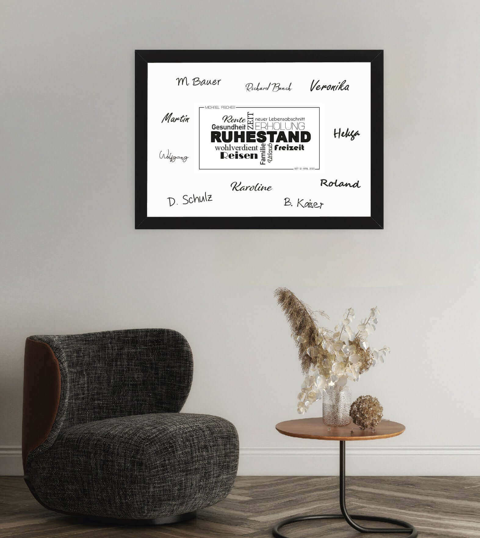 Anwendungsbild_Personalisiertes Bild "Ruhestand Abschiedsgeschenk", Bildfarbe: Weiß, Grau, Anthrazit/Schwarz, Bildgröße: 13x18cm, DIN A4, DIN A3, Bilderrahmen: Ohne Bilderrahmen, Bilderrahmen weiß, Bilderrahmen schwarz, Bilderrahmen weiß mit Passepartout,