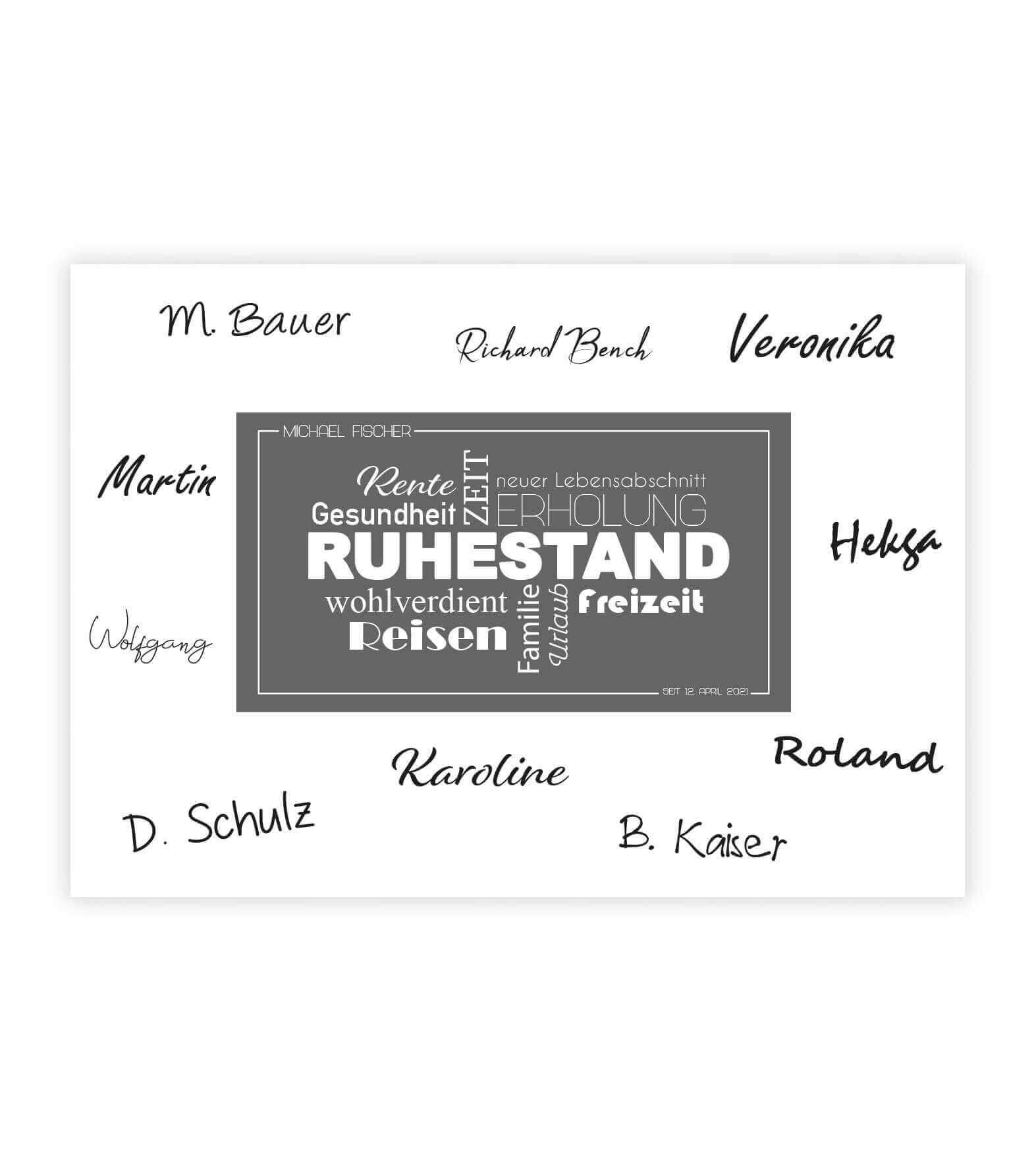 Personalisiertes Bild "Ruhestand Abschiedsgeschenk", Bildfarbe: Anthrazit/Schwarz, Bildgröße: 13x18cm, DIN A4, DIN A3, Bilderrahmen: Ohne Bilderrahmen, Copyright: 321geschenke.de
