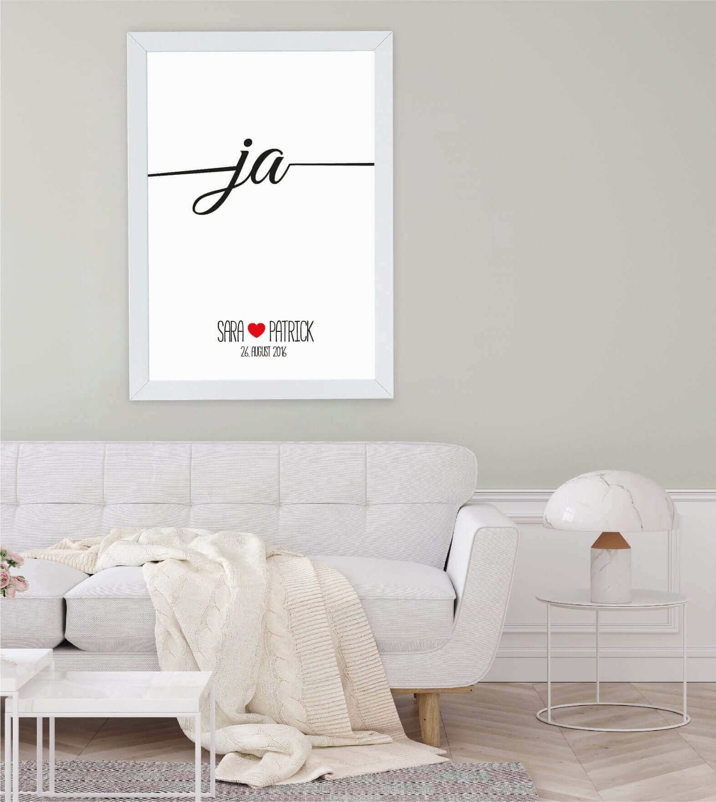 Anwendungsbild_Personalisiertes Bild "Ja" Hochzeit, Bildgröße: 13x18cm, DIN A4, DIN A3, Bilderrahmen: Ohne Bilderrahmen, Bilderrahmen weiß, Bilderrahmen schwarz, Bilderrahmen weiß mit Passepartout, Bilderrahmen schwarz mit Passepartout, Copyright: 321gesc