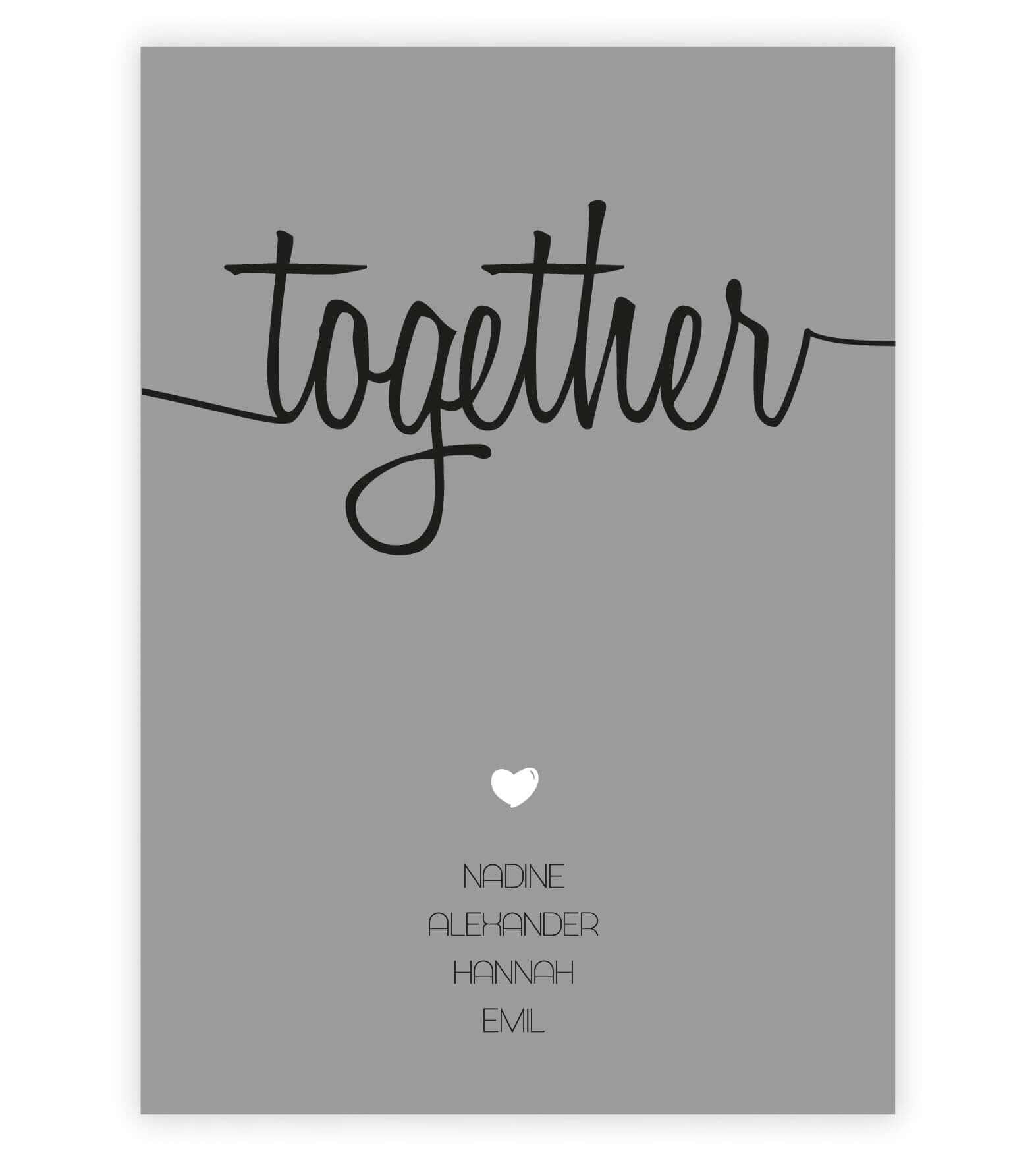 Personalisiertes Familienbild "TOGETHER", Bildfarbe: Grau, Bildgröße: 13x18cm, DIN A4, DIN A3, Bilderrahmen: Ohne Bilderrahmen, Copyright: 321geschenke.de