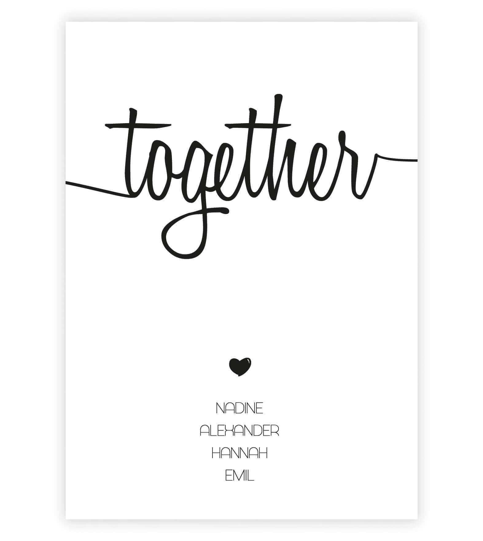Personalisiertes Familienbild "TOGETHER", Bildfarbe: Weiß, Bildgröße: 13x18cm, DIN A4, DIN A3, Bilderrahmen: Ohne Bilderrahmen, Copyright: 321geschenke.de