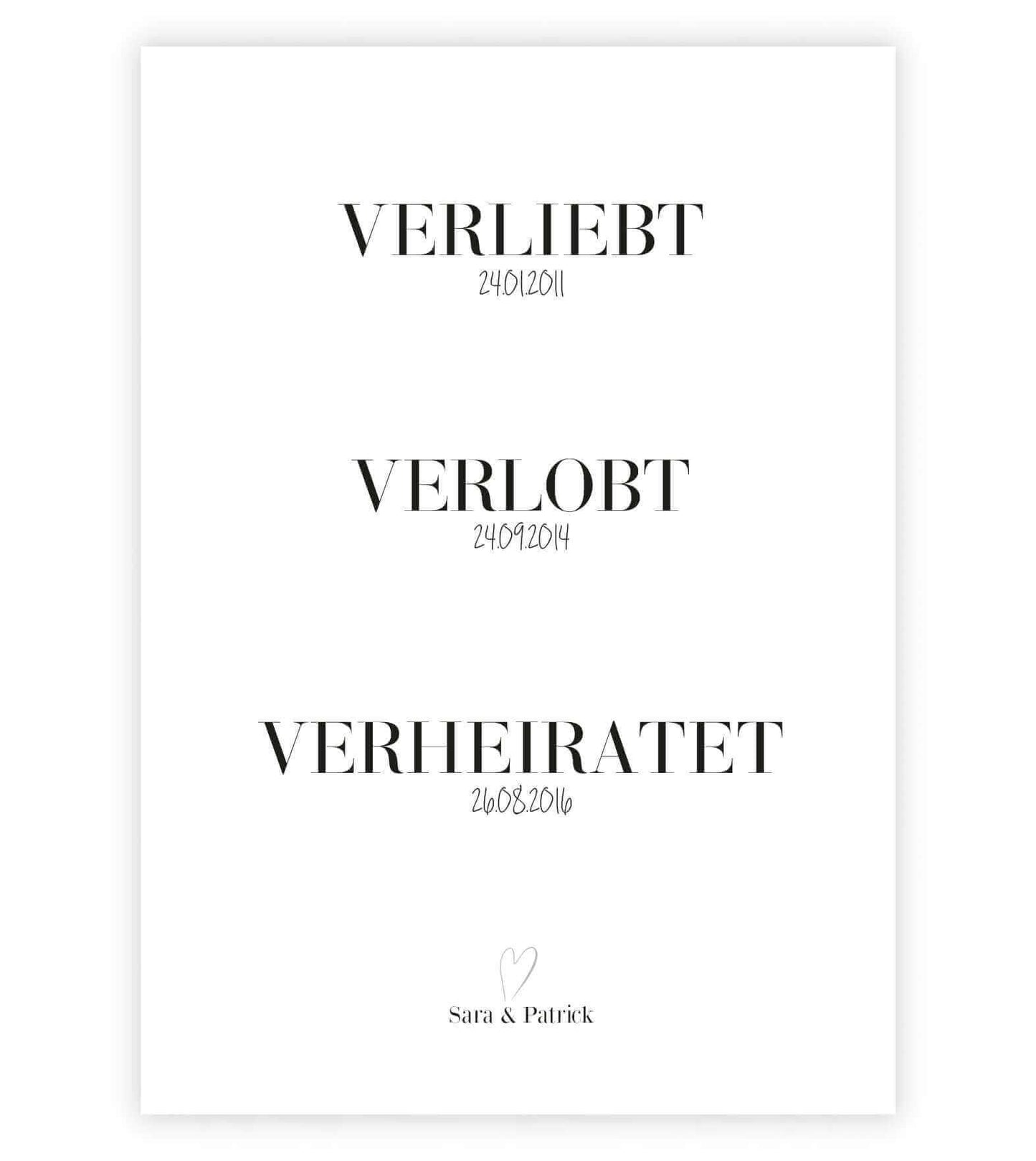 Personalisiertes Bild “verliebt - verlobt - verheiratet" - Datum, Bildgröße: 13x18cm, DIN A4, DIN A3, Bilderrahmen: Ohne Bilderrahmen, Bilderrahmen weiß, Bilderrahmen schwarz, Bilderrahmen weiß mit Passepartout, Bilderrahmen schwarz mit Passepartout, Copy