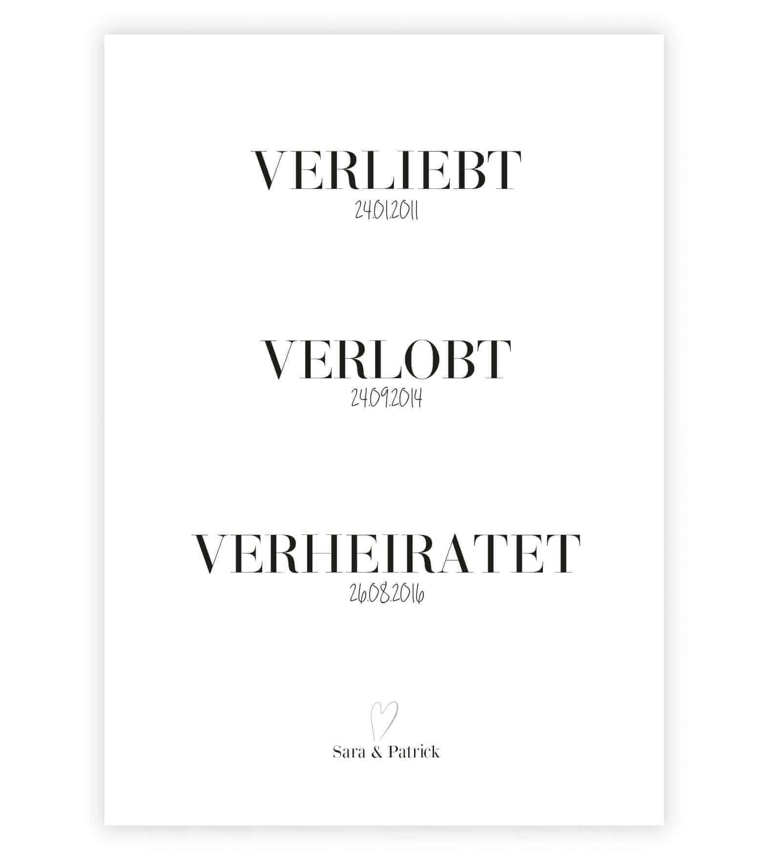 Personalisiertes Bild “verliebt - verlobt - verheiratet" - Datum, Bildgröße: 13x18cm, DIN A4, DIN A3, Bilderrahmen: Ohne Bilderrahmen, Bilderrahmen weiß, Bilderrahmen schwarz, Bilderrahmen weiß mit Passepartout, Bilderrahmen schwarz mit Passepartout, Copy