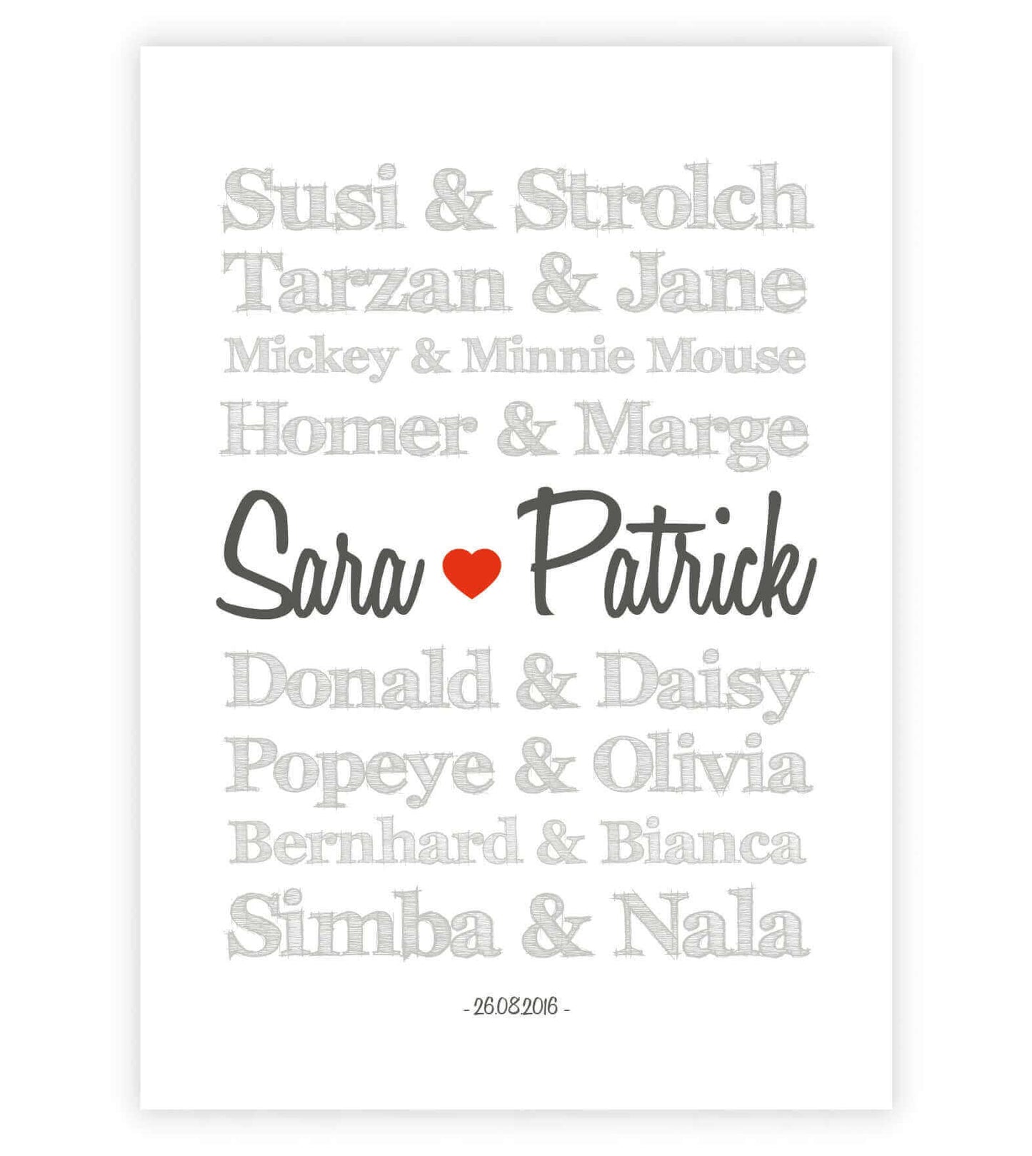 Personalisiertes Bild "TRAUMPAARE" - Comic-Figuren, Bildgröße: 13x18cm, DIN A4, DIN A3, Bilderrahmen: Ohne Bilderrahmen, Bilderrahmen weiß, Bilderrahmen schwarz, Bilderrahmen weiß mit Passepartout, Bilderrahmen schwarz mit Passepartout, Copyright: 321gesc