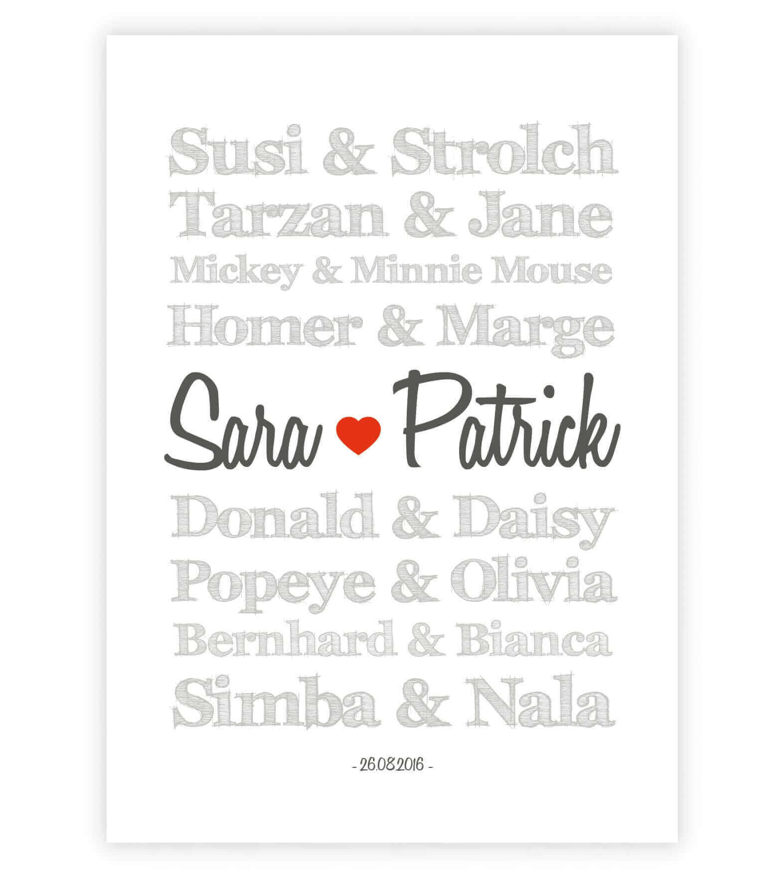 Personalisiertes Bild "TRAUMPAARE" - Comic-Figuren, Bildgröße: 13x18cm, DIN A4, DIN A3, Bilderrahmen: Ohne Bilderrahmen, Bilderrahmen weiß, Bilderrahmen schwarz, Bilderrahmen weiß mit Passepartout, Bilderrahmen schwarz mit Passepartout, Copyright: 321gesc