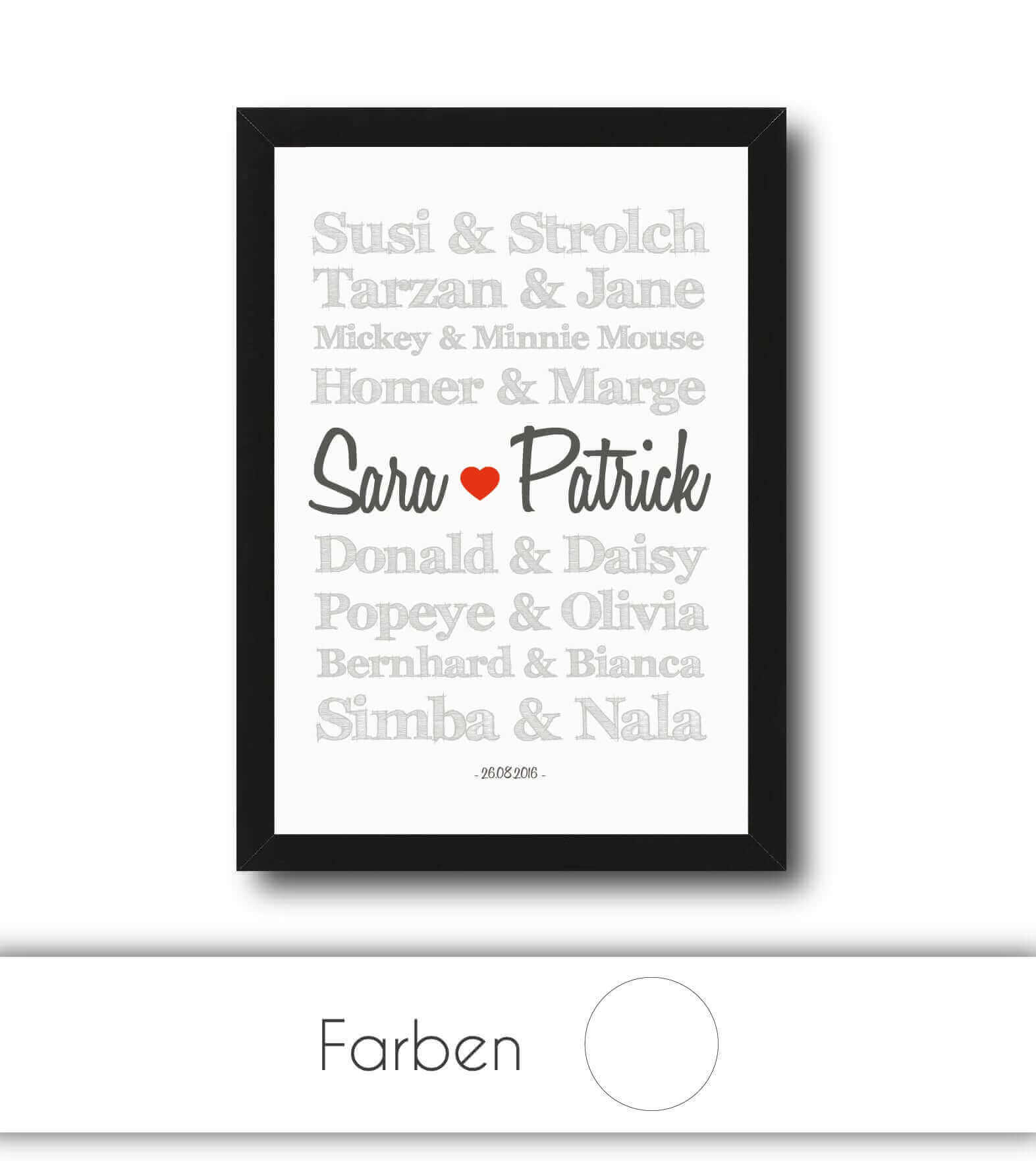 Personalisiertes Bild "TRAUMPAARE" - Comic-Figuren, Bildgröße: 13x18cm, DIN A4, DIN A3, Bilderrahmen: Ohne Bilderrahmen, Bilderrahmen weiß, Bilderrahmen schwarz, Bilderrahmen weiß mit Passepartout, Bilderrahmen schwarz mit Passepartout, Copyright: 321gesc