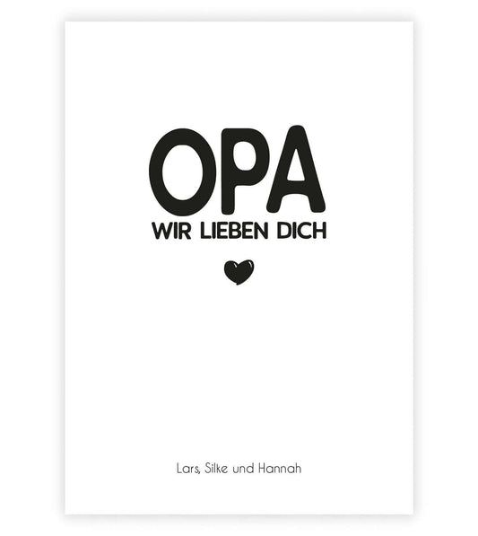 Personalisiertes Bild "OPA – Wir lieben dich", Bildgröße: 13x18cm, DIN A4, DIN A3, Bilderrahmen: Ohne Bilderrahmen, Bilderrahmen weiß, Bilderrahmen schwarz, Bilderrahmen weiß mit Passepartout, Bilderrahmen schwarz mit Passepartout, Copyright: 321geschenke