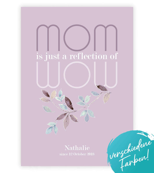 Personalisiertes Bild "MOM = WOW", Bildfarbe: Weiß, Lila, Bildgröße: 13x18cm, DIN A4, DIN A3, Bilderrahmen: Ohne Bilderrahmen, Bilderrahmen weiß, Bilderrahmen schwarz, Bilderrahmen weiß mit Passepartout, Bilderrahmen schwarz mit Passepartout, Copyright: 3